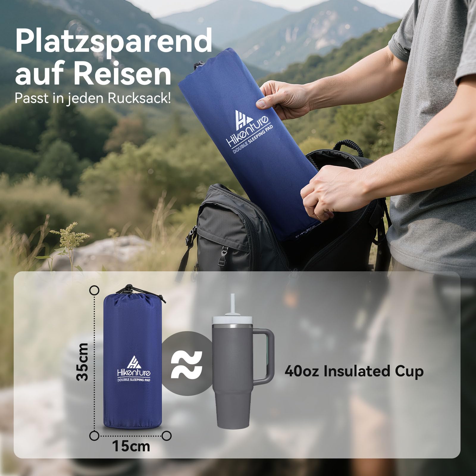 HIKENTURE Isomatte für 2 Personen Ultraleicht, Doppel Isomatte Aufblasbar, Camping Luftmatratze Schlafmatte 140cm mit Fußpumpe, für Camping, Outdoor, Wandern, Strand, Navyblau