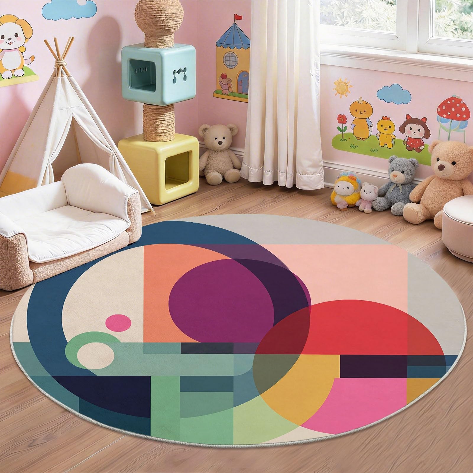 Nowoczesny okrągły dywan do salonu 120 cm, geometryczne koła prostokąty półokręgi dywan sypialnia zmywalny antypoślizgowy dywan sypialnia, miękki dywan do jadalni do kuchni balkon