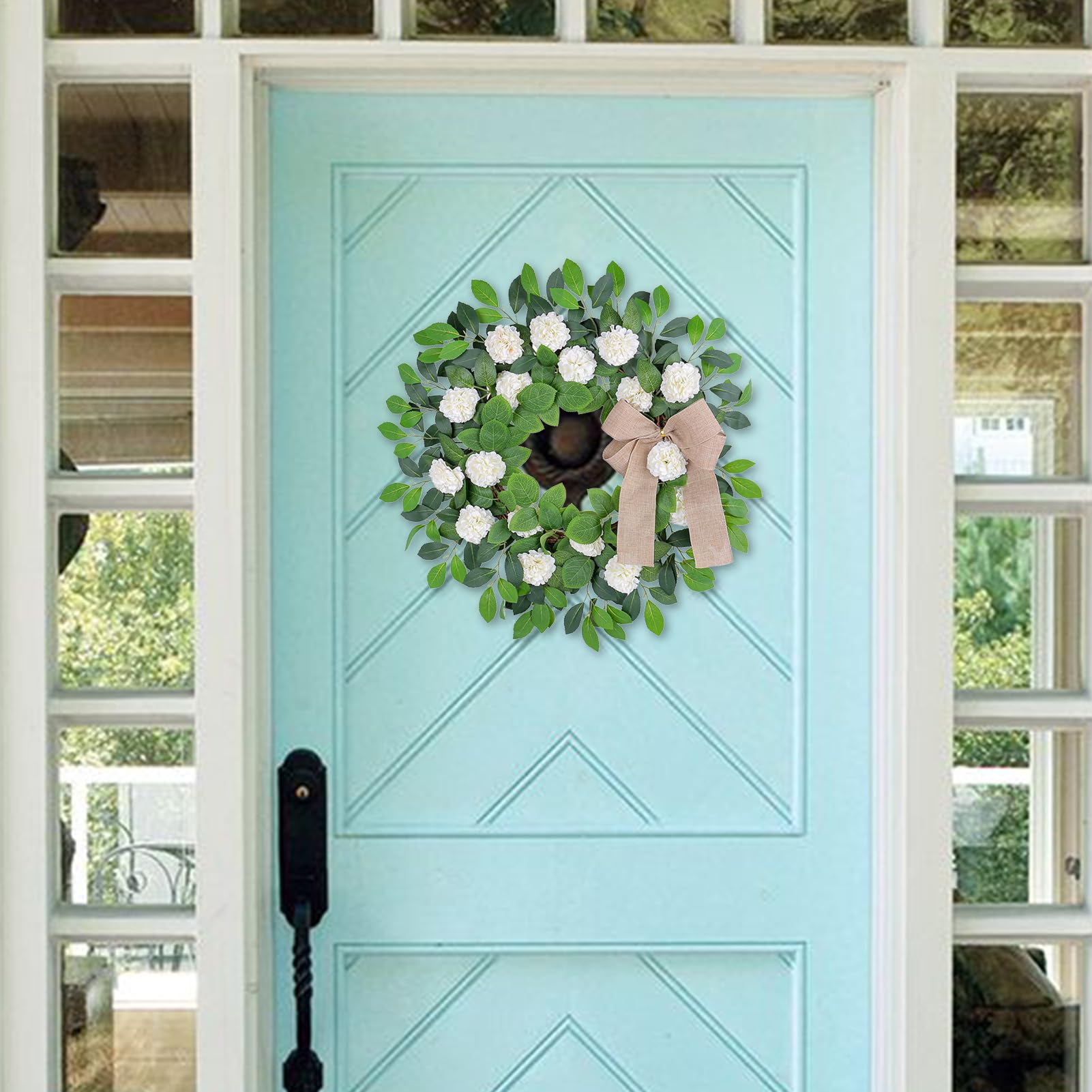 Couronnes murales de Porte Guirlandes de Vacances Fleurs artificielles décoratives 21,6 Pouces Hortensia Blanc pour façade avec nœud, Fait Main avec Verdure Eucalyptus pour fenêtre