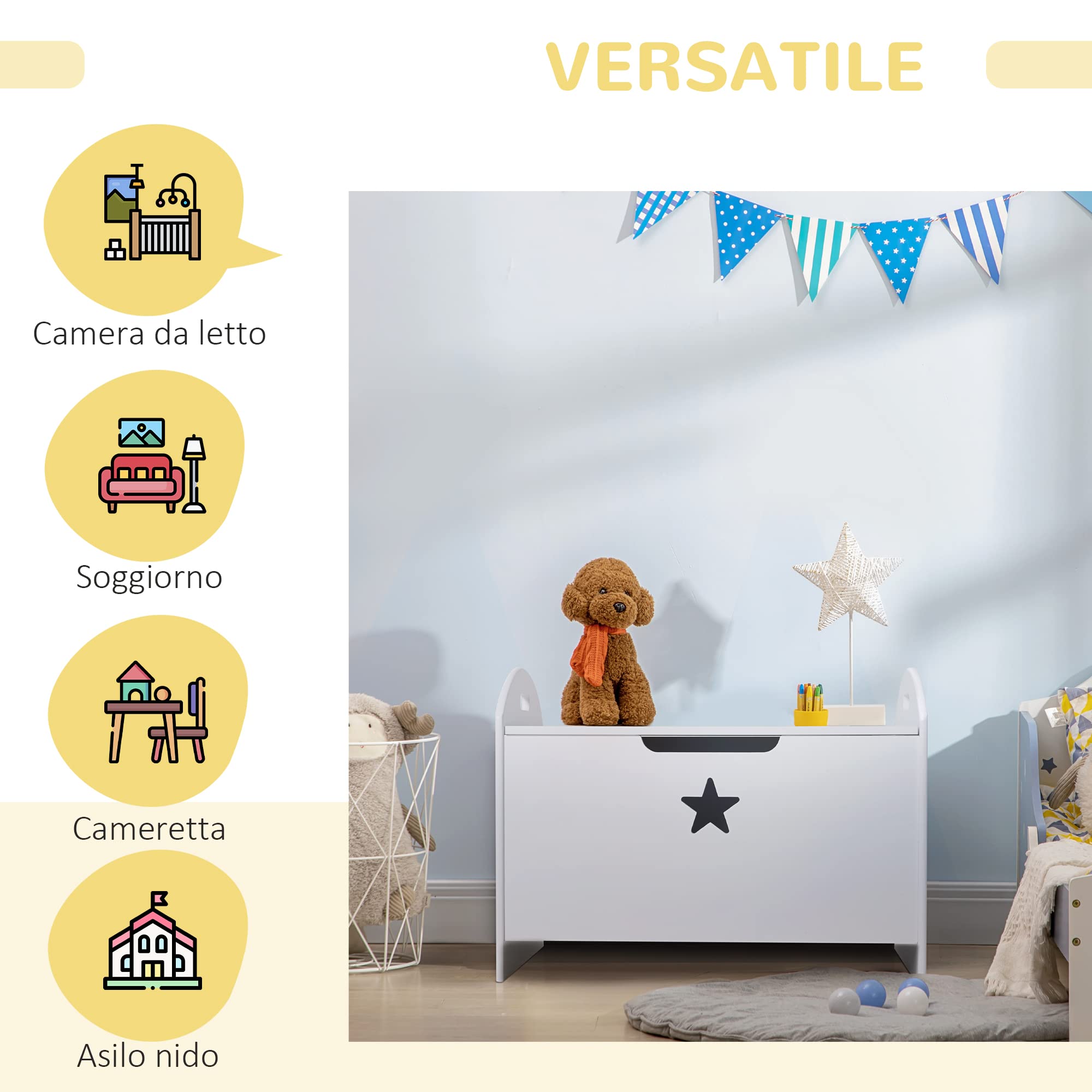 HOMCOM Baule Contenitore Portagiochi per Bambini (62x40x46.5cm) in Legno Bianco con Cerniere di Sicurezza