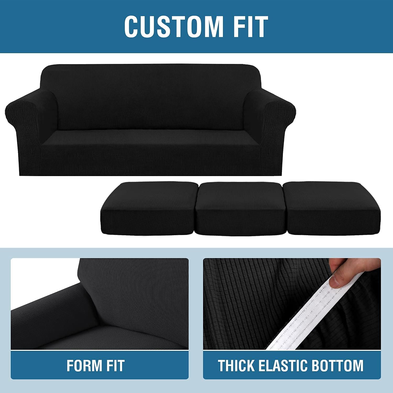 H.VERSAILTEX 4 Piece Stretch Sofa Covers for 3 Cushion Couch Bundles Armless Futon Cover, Black