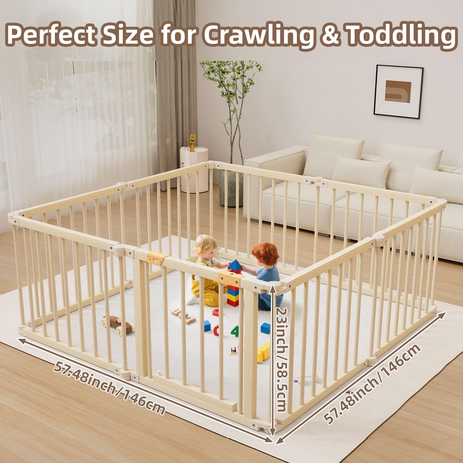 Baby Playpen, Wooden Playpen For Babies and Toddlers, Foldable Play Yard with Gate, 8 Panels Baby Fence, Indoor Play Area, Child Activity Center — view 3