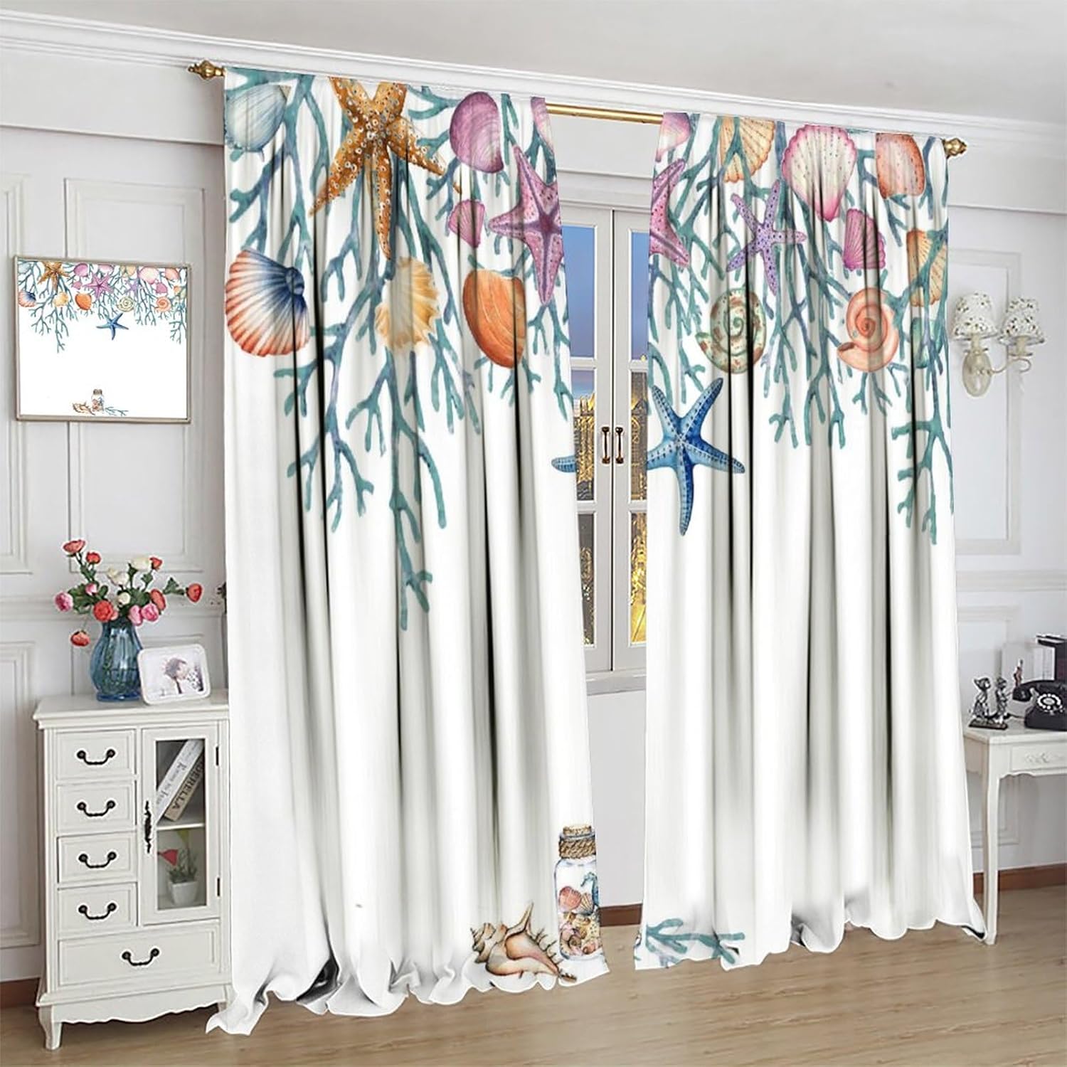 Rustic Nautical Starfish Blackout Curtains for Living Room,Beautiful Coral Starfish Conch Seashell Leaves Room Darkening Window Curtains with Rod Pocket - 2 Panels 45" L x 21" W