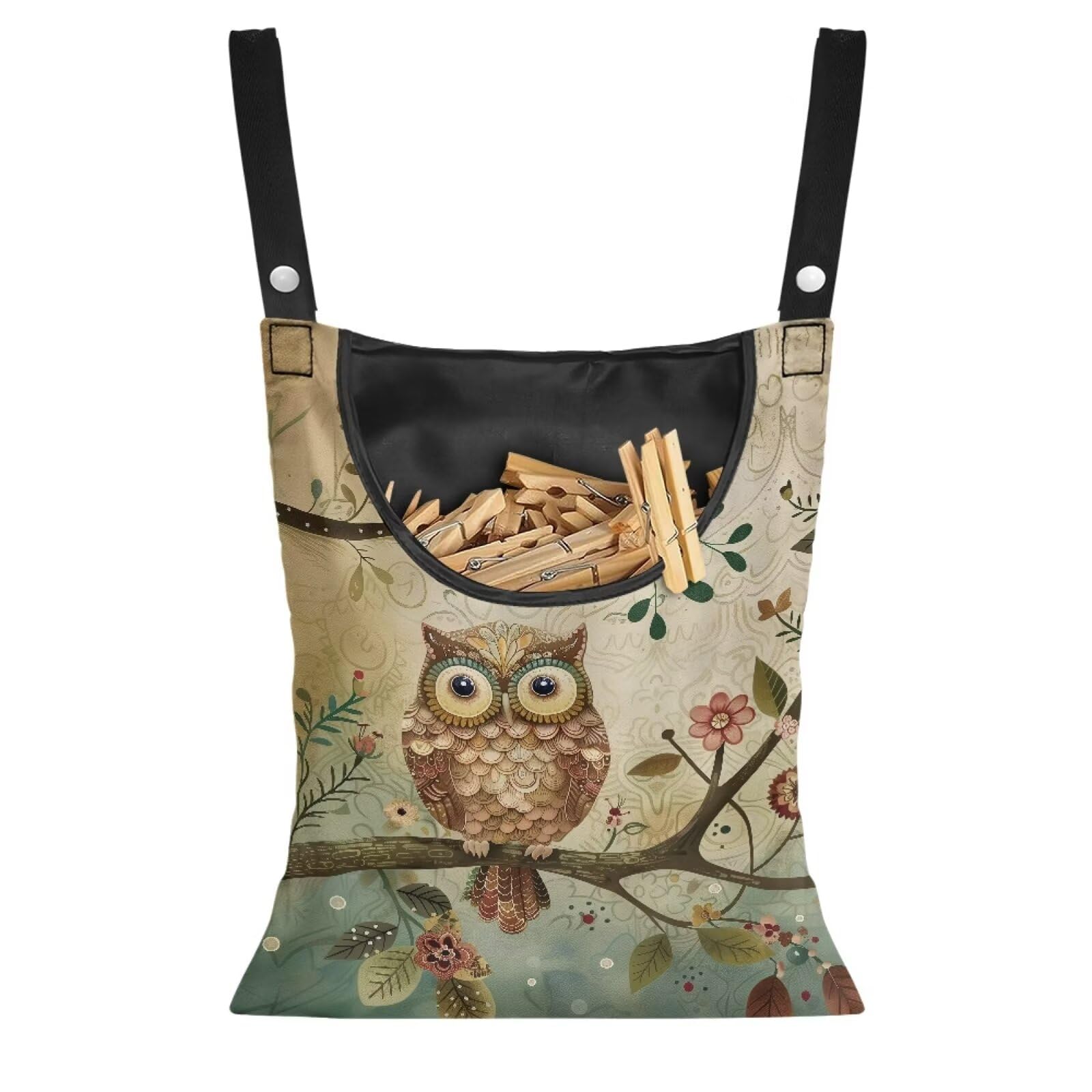 KUIFORTI Clothespin Bag, Hanging Laundry Bag Owl Clothes Pin Hanging Bag with Hanging Rope, Storage Organizer with Large Opening, Machine Washable
