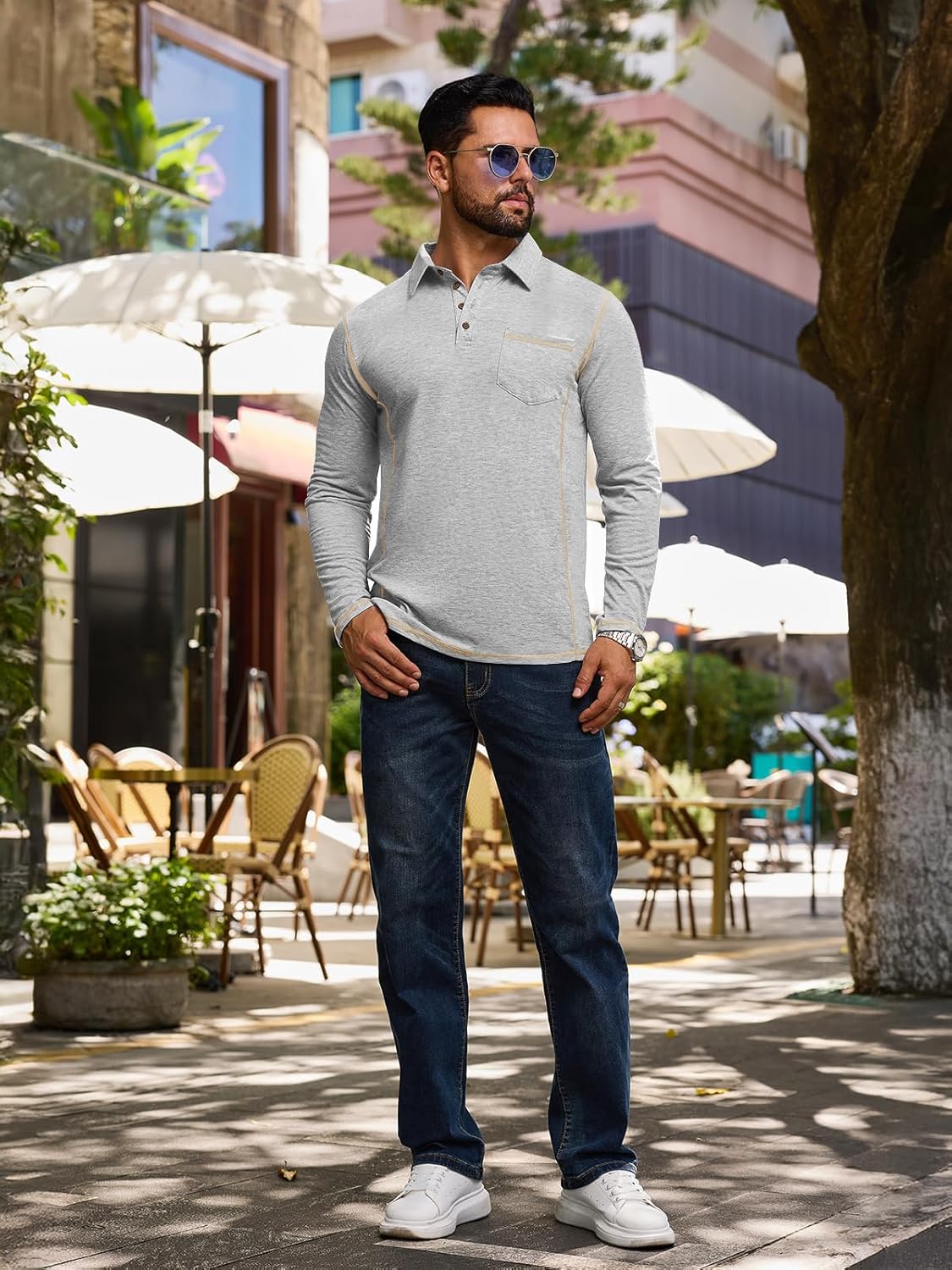 Mens Fashion Polo Shirts Classic Long Sleeve Basic Button Tees Stylish Tops Golf Shirts with Pocket