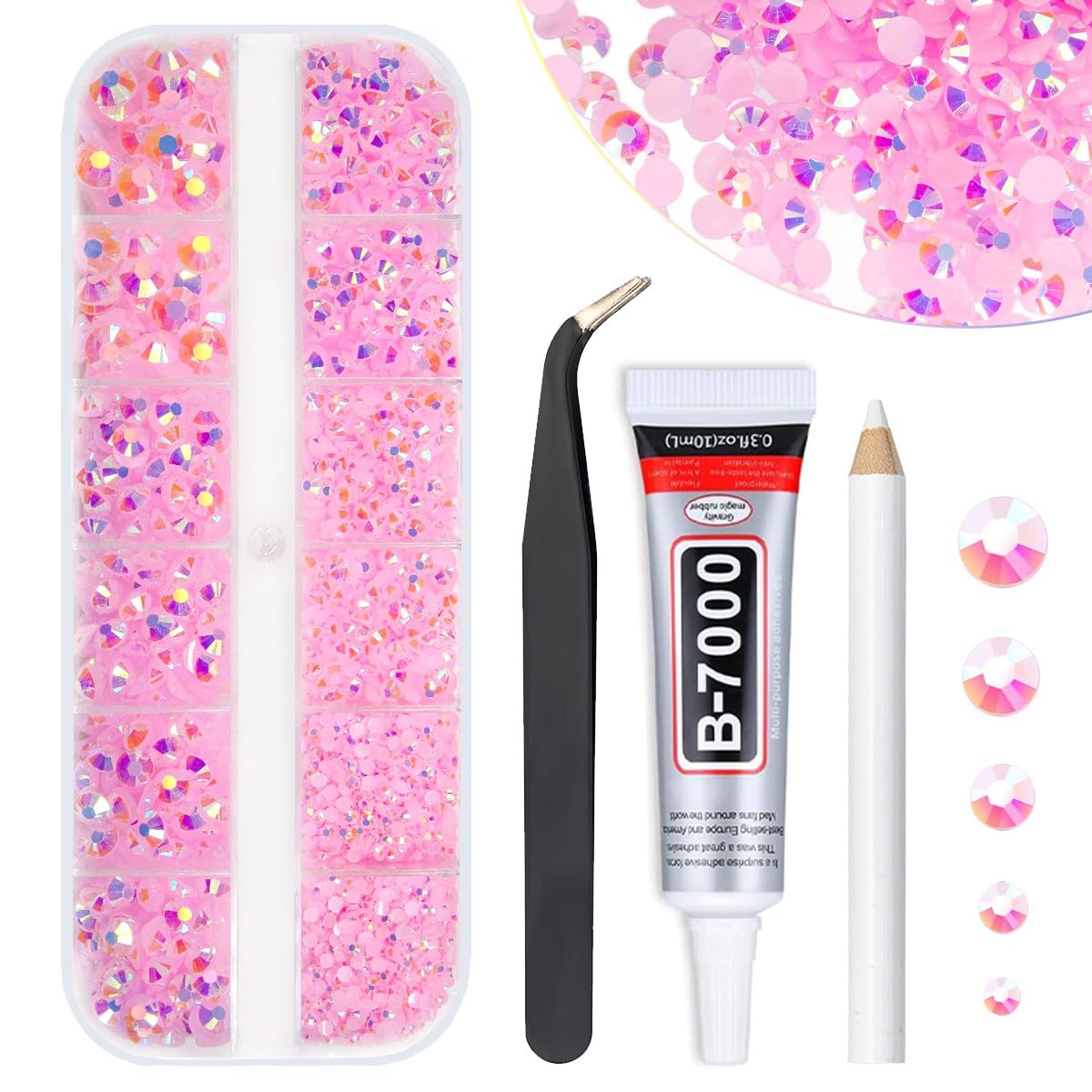 qiipii Light Pink AB Resin Rhinestones w B7000 Jewelry Glue for Bedazzling Crafting 2mm-6mm Flatback Jelly Stones Diamonds Crystals Gems Charms