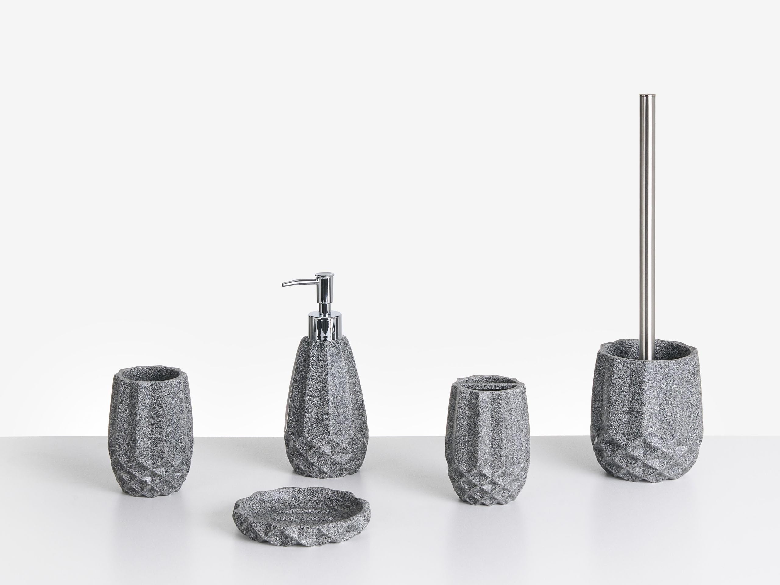 Conjunto de 5 Accesorios de baño jabonera dispensador de jabón escobilla de Inodoro Vaso Soporte para cepillos de Dientes Gris Samiria