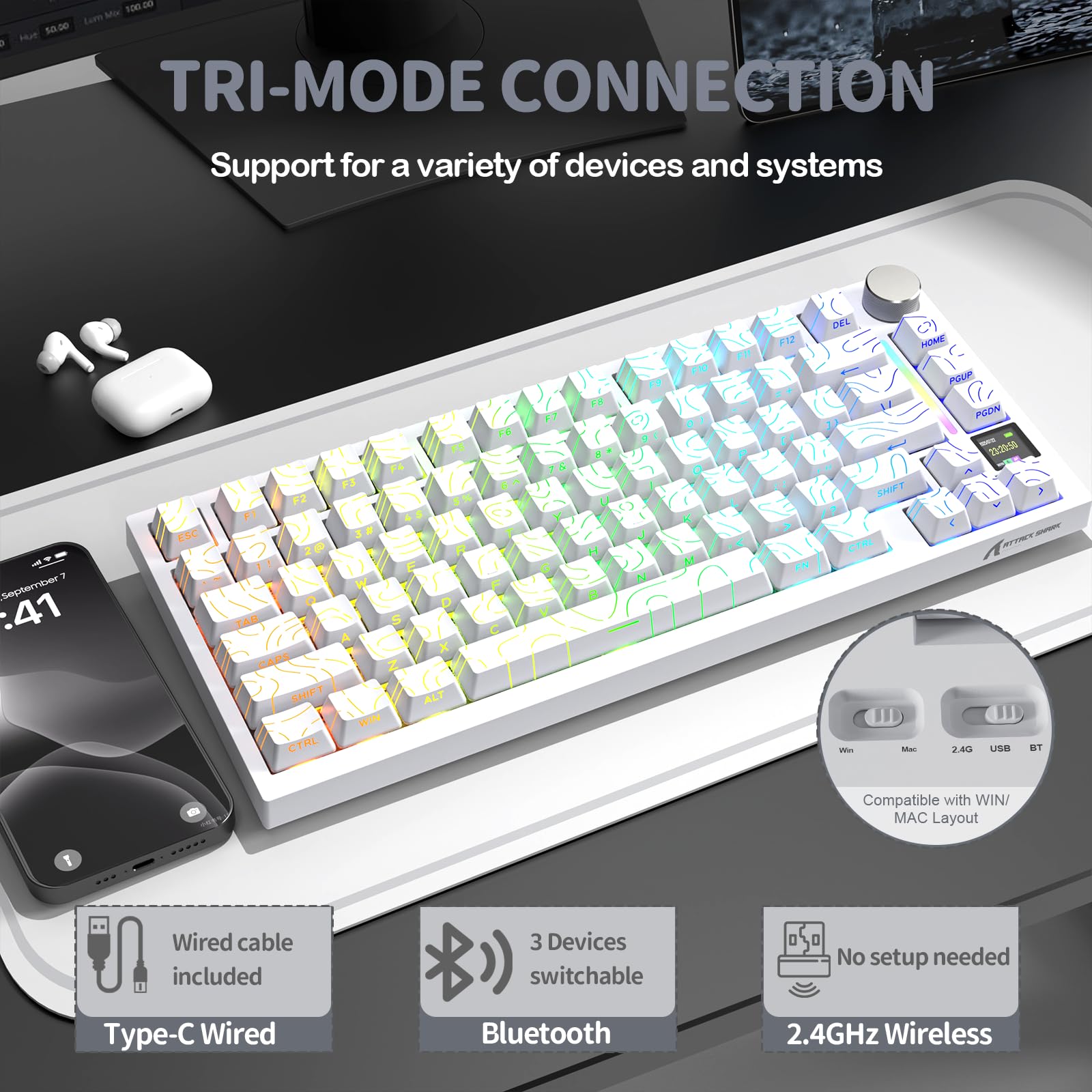 YINDIAO ATTACK SHARK X820 Ultra Gasket Mechanical Keyboard with TFT Screen & Knob, 75% ANSI Layout, 2.4Ghz/BT/Wired, 5 Sound Absorbing Foams, Hot-Swap Linear Switch, for PC,MAC (White, Gift Switch)