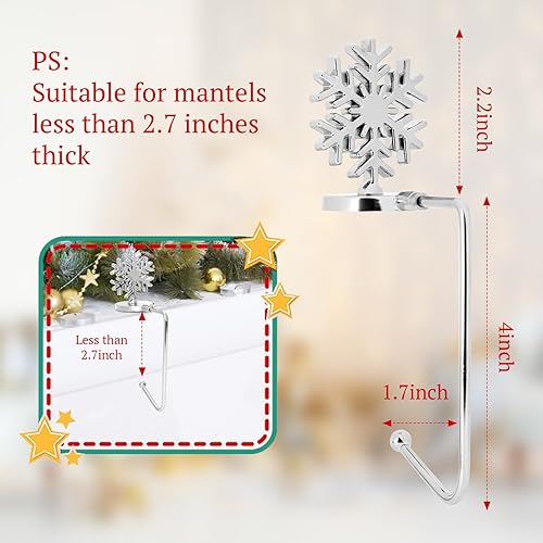 Miniatura 2 de CONMISE Juego de 6 soportes para calcetines de Navidad, soportes para calcetines de copo de nieve para manto, ganchos plateados para chimenea,