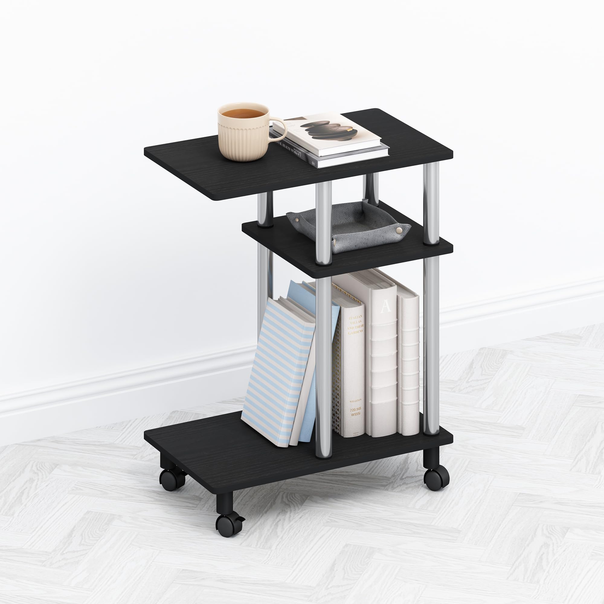 Furinno TOMI Side Table, 3-Tier C-Shape Open Shelf End Table with Wheels, Night Stand, Bedside Table, Toolless Assembly, for Living Room, Bedroom, Americano/Stainless Steel