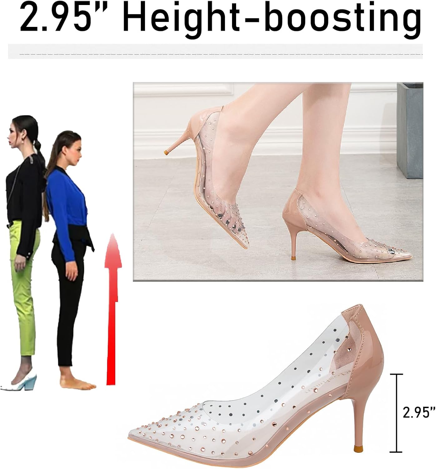 Women's Rhinestones Clear Leather Stiletto Pumps Fashion Comfort Closed Pointed Toe Slip On High Heels Sandals for Party Prom Date Dress Shoes - Image 2