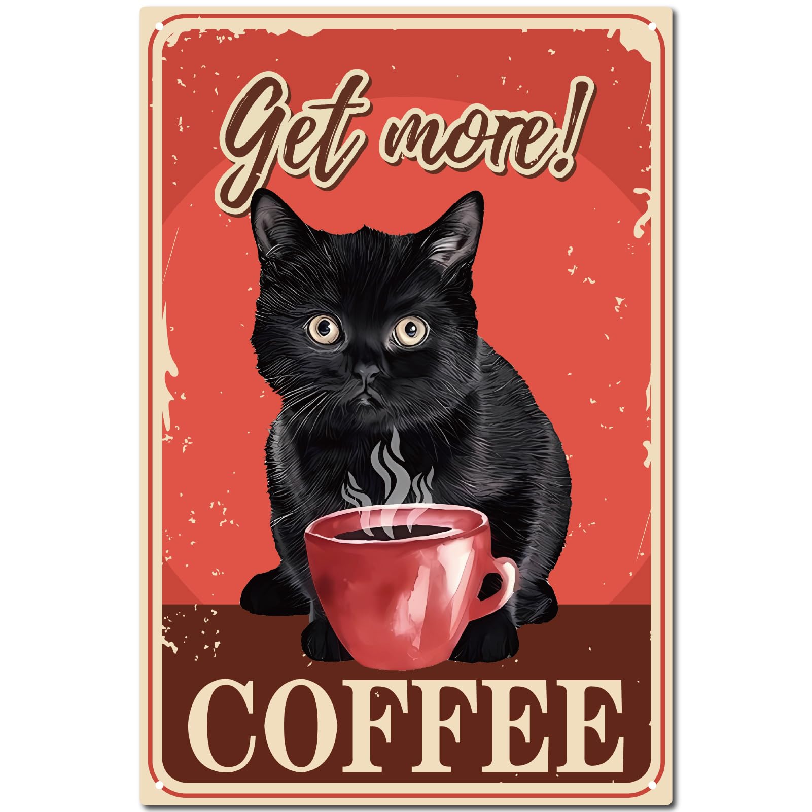 CREATCABIN Vintage Metal Wall Decor Sign - Black Cat & Coffee - 12x8Inch - Iron Red - Indoor/Outdoor