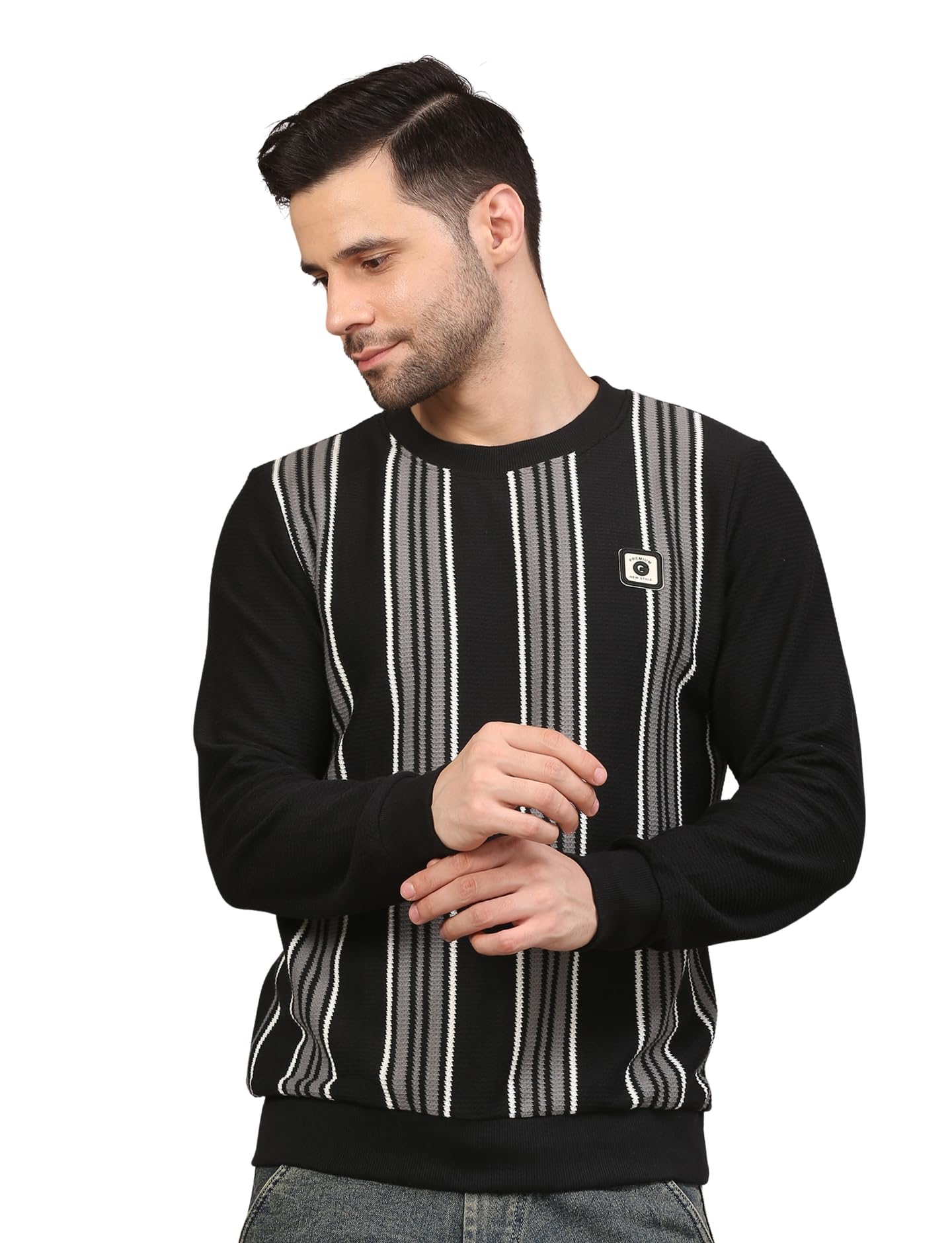 nexgen club Men’s Sweatshirt Full Sleeve Rib Cuff Crew Neck Winter Colour Block Stripe Cool Chest Logo Cotton Blend Jumper Semi-Formal for Man and Boy Unisex Gen Z-picture-28