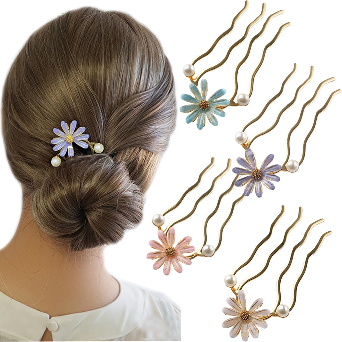 Snadulor 4Pcs Crystal Flower Hair Comb Gold Metal Flower Hair Side Combs Decorative Side Combs with Long Teeth for Women Girls