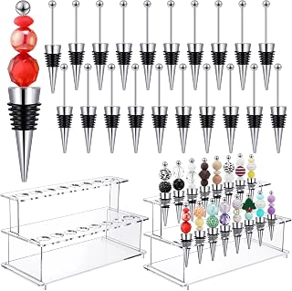 Menkxi 20 Pcs Beadable Wine Bottle Stoppers and 16 Slot Clear Acrylic 2 Tier Riser Wine Stopper Holder Wine Stopper Display Stand Rack for Countertop, 9.45''L x 4.72''H x 3.94''W