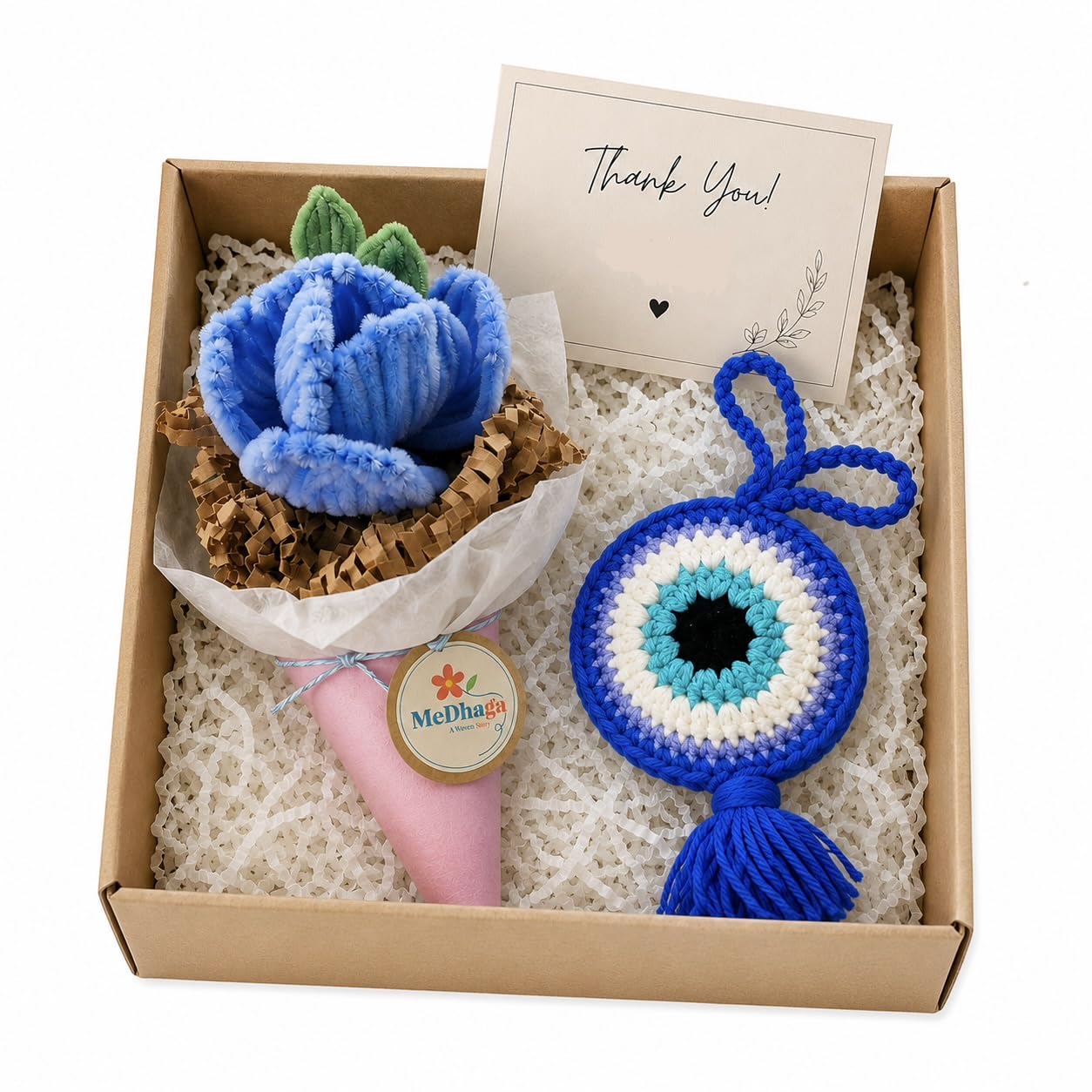 MeDhaga Blue Chenille Rose Bouquet with Crochet Evil Eye Car Hanging | Handmade with Love, Includes Thank You Card, Evil Eye Tassel Charm, Pipe Cleaner Flower, Festive Gift Box-image-35