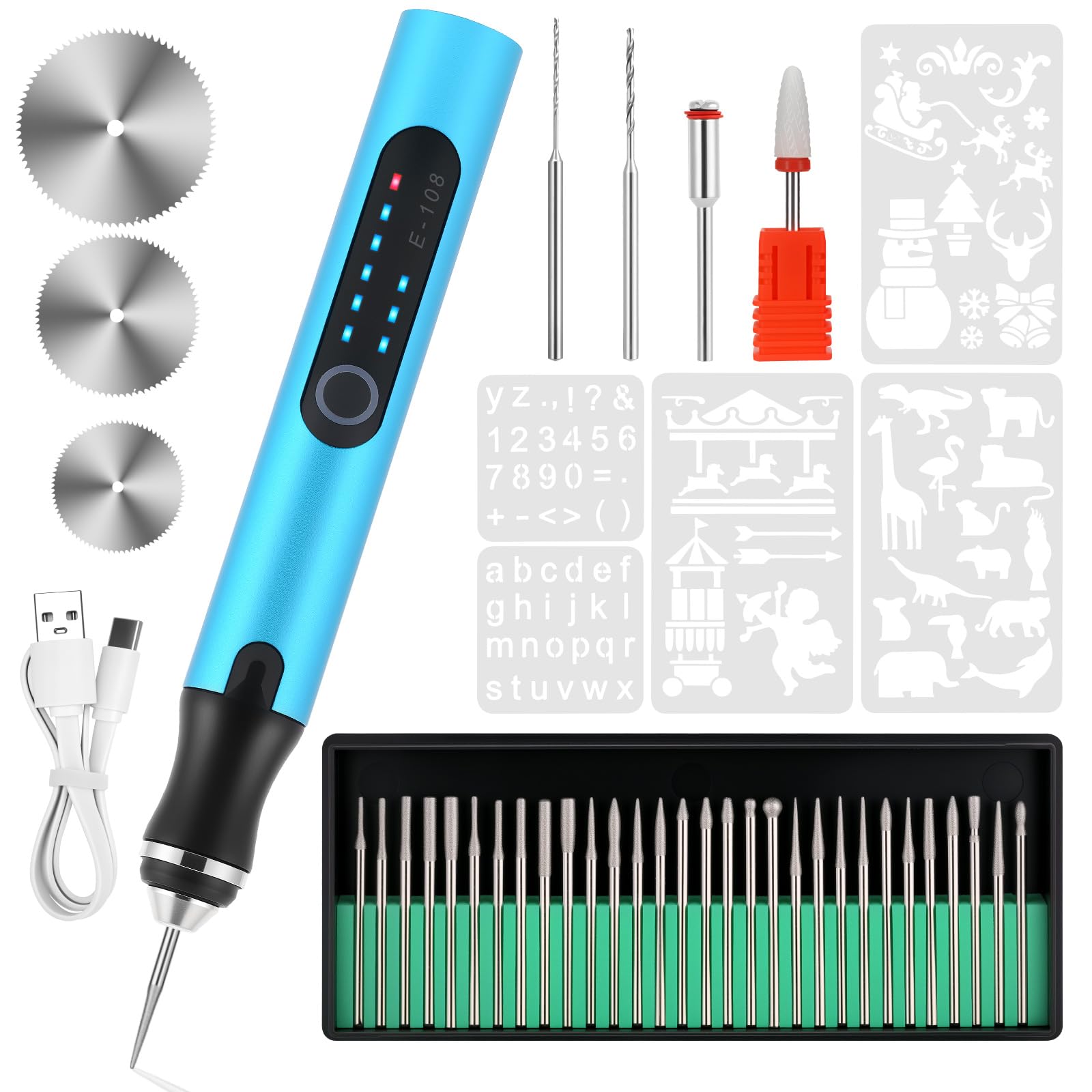 Electric Engraving Pen with 37 Bits, USB Rechargeable Cordless Etching Engraving Tool, Portable DIY Rotary Engraver for Jewelry Wood Glass Stone Carving (Blue)