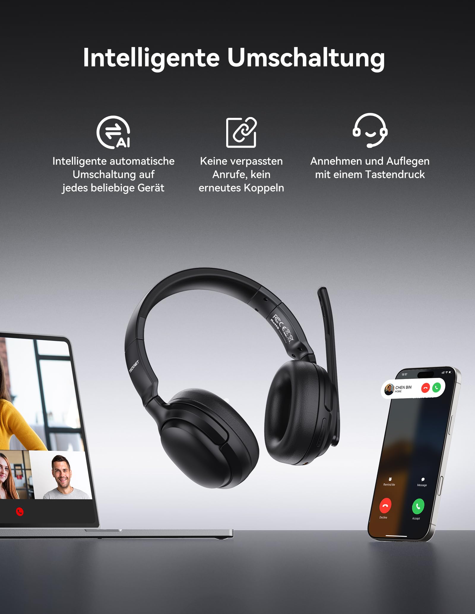 TECKNET Wireless Headset, V5.4 Bluetooth Headset mit Mikrofon, Mono/Stereo 2-in-1, 65+ Std. Akku, Over-Ear Headset mit USB-A Empfänger, Kabellos Kopfhörer Für Büro/Trucker/Fernarbeit/Callcenter