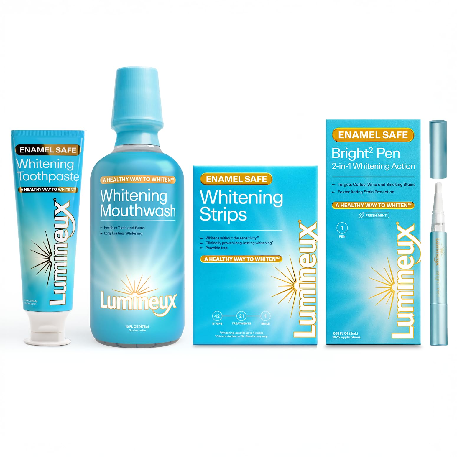 Lumineux Ultimate Whitening Kit Bundle - Contains Toothpaste Mouthwash Strips and Whitening Pen - Enamel Safe and Clinically