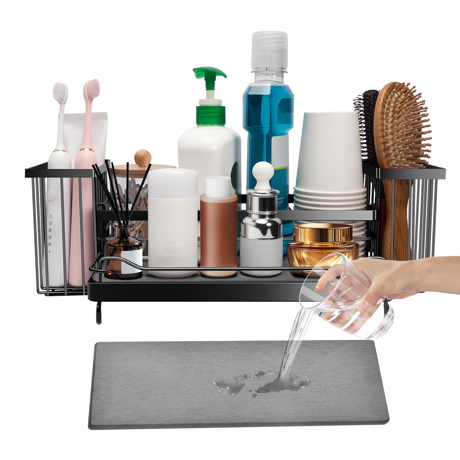 Toothbrush Holders with Instant Drying Stone 2 Brush Holders Rustproof Carbon Steel Tooth Brush Holder Sink Caddy Space