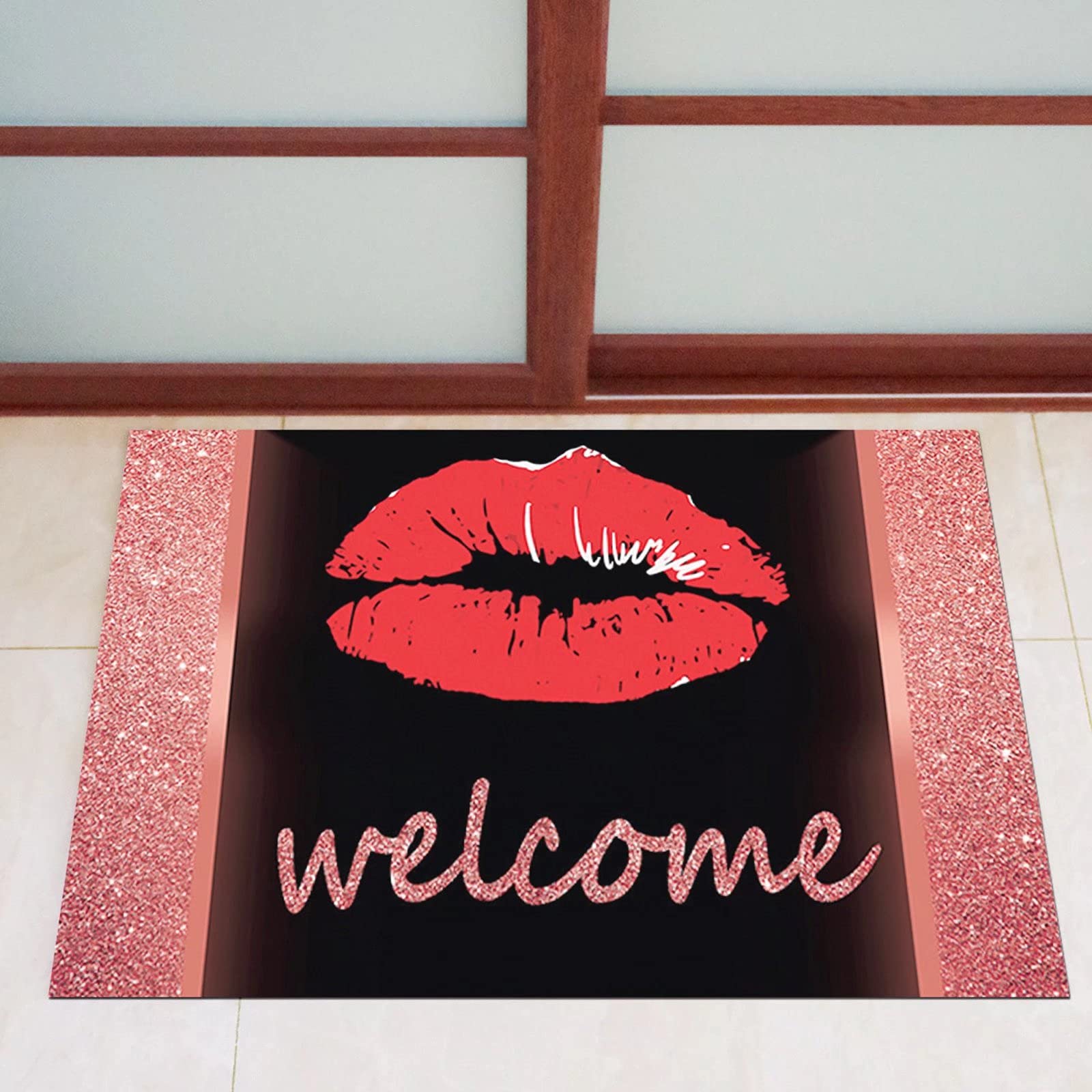 Welcome Sexy Lips mata pod drzwi wejściowe do wewnątrz i na zewnątrz maty wejściowe wycieraczki do wejść, garaży, patio, obszarów o dużym natężeniu ruchu, 61 x 119 cm, czerwono-czarna