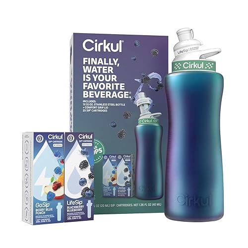Miniatura 2 de Cirkul Kit de inicio de botella de agua de acero inoxidable camaleón de 32 onzas con tapa verde, 2 cartuchos de sabor (1 LifeSip Blackberry