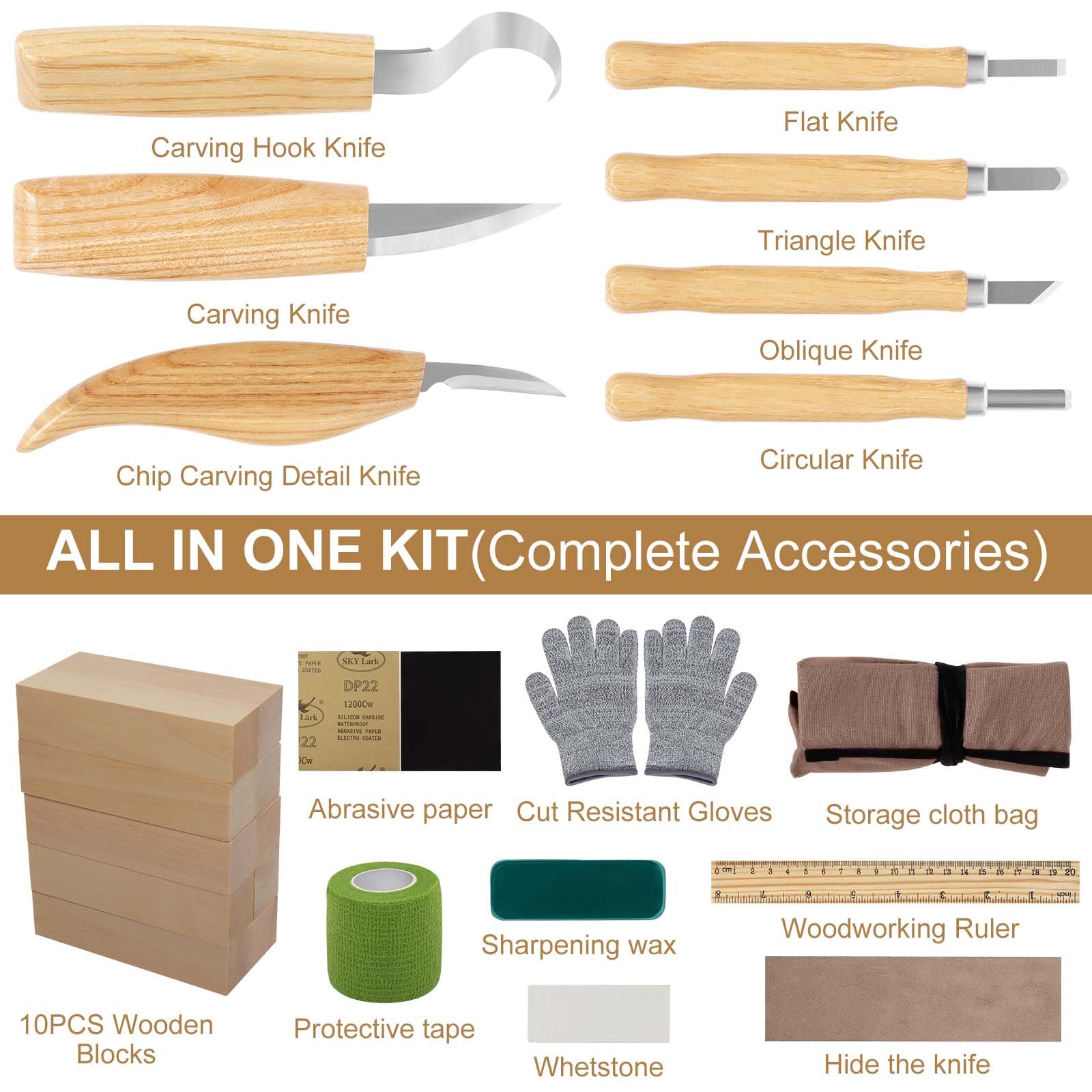 30PCS Strumenti Per Intaglio Legno, Kit Intaglio Professionale, Blocchi di Legno 10 Pezzi, Guanti Resistenti al Taglio, per Principianti e Scultori