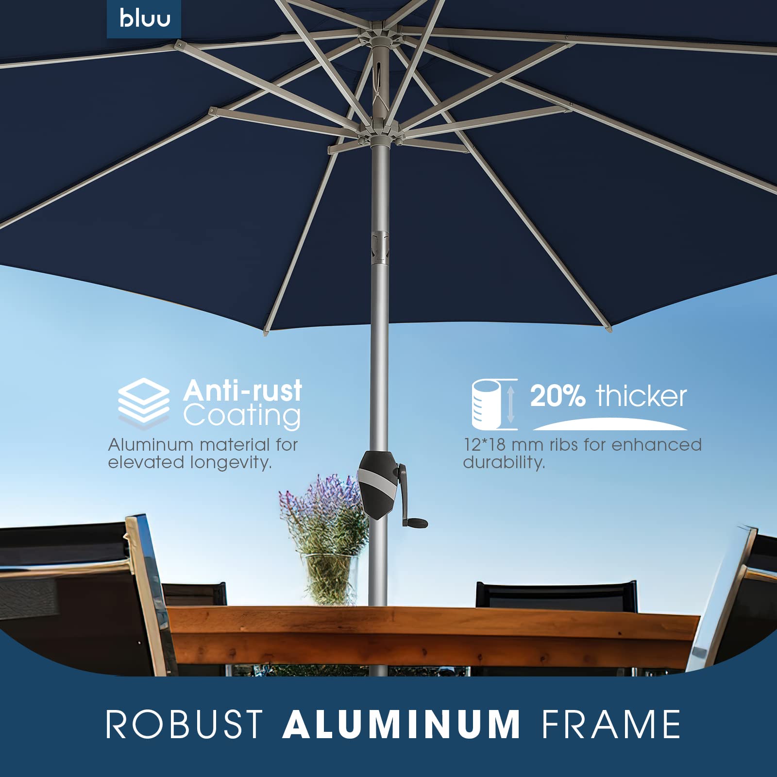 BLUU 9 FT Aluminum Outdoor Patio Umbrella, 5-YEAR Fade-Resistant Outdoor Market Table Umbrella with Push Button Tilt, for Pool, Deck, Garden and Lawn (Navy Blue)