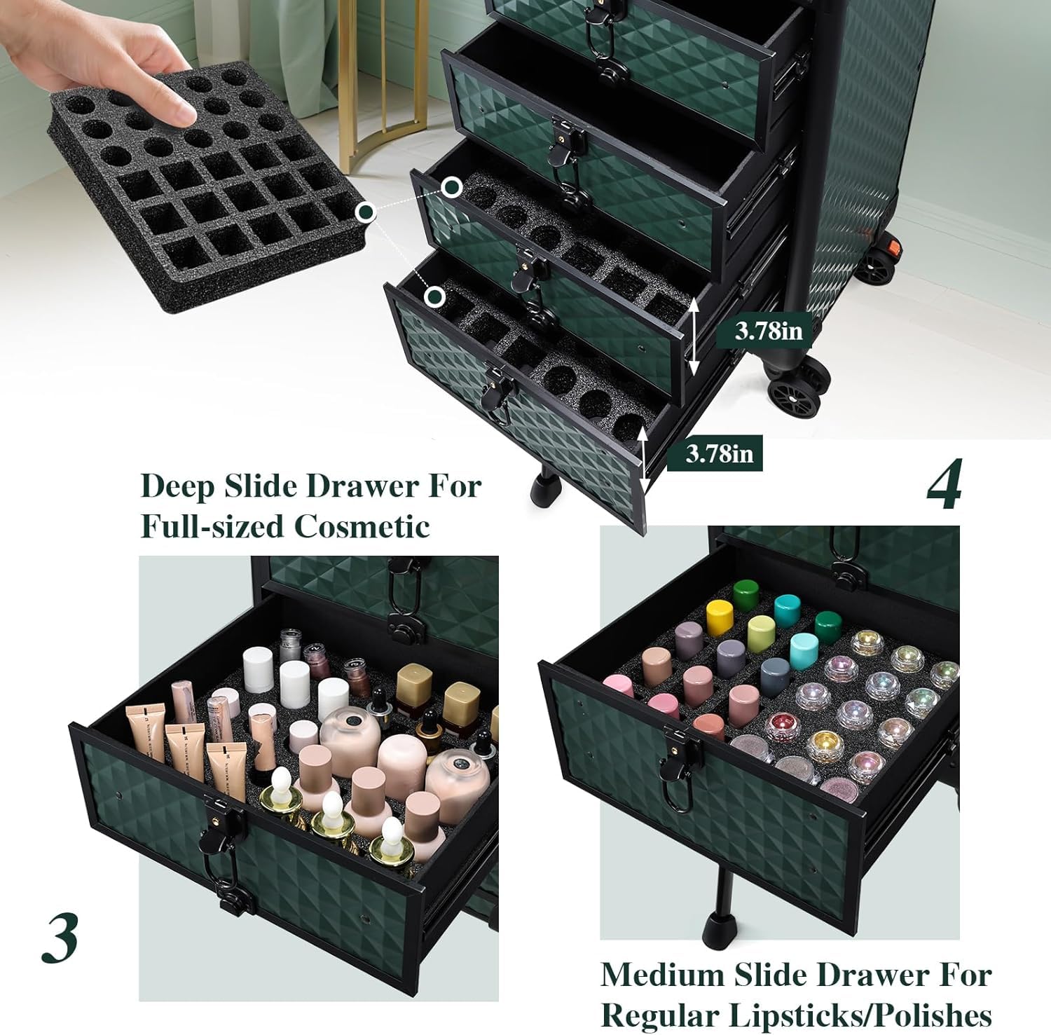 Valise de Maquillage à roulettes, Malette Professionnelle pour Onglerie et Coiffure avec 4 Tiroirs et Système de Verrouillage, Vert foncé - 4
