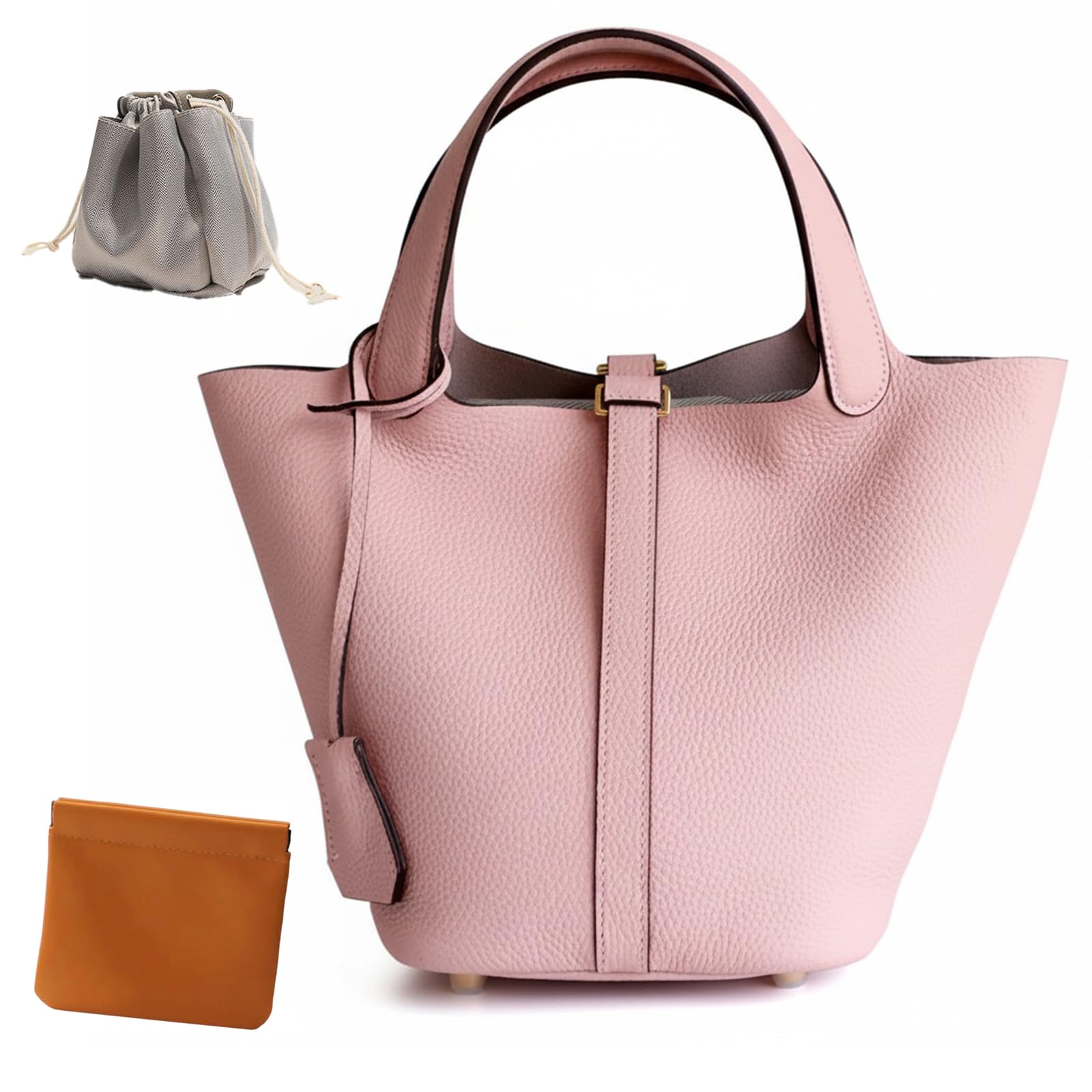 Genuine Leather Lock Design Bucket Bag Vegetable Basket, Fashionable and Versatile Satchel Handbag — view 9
