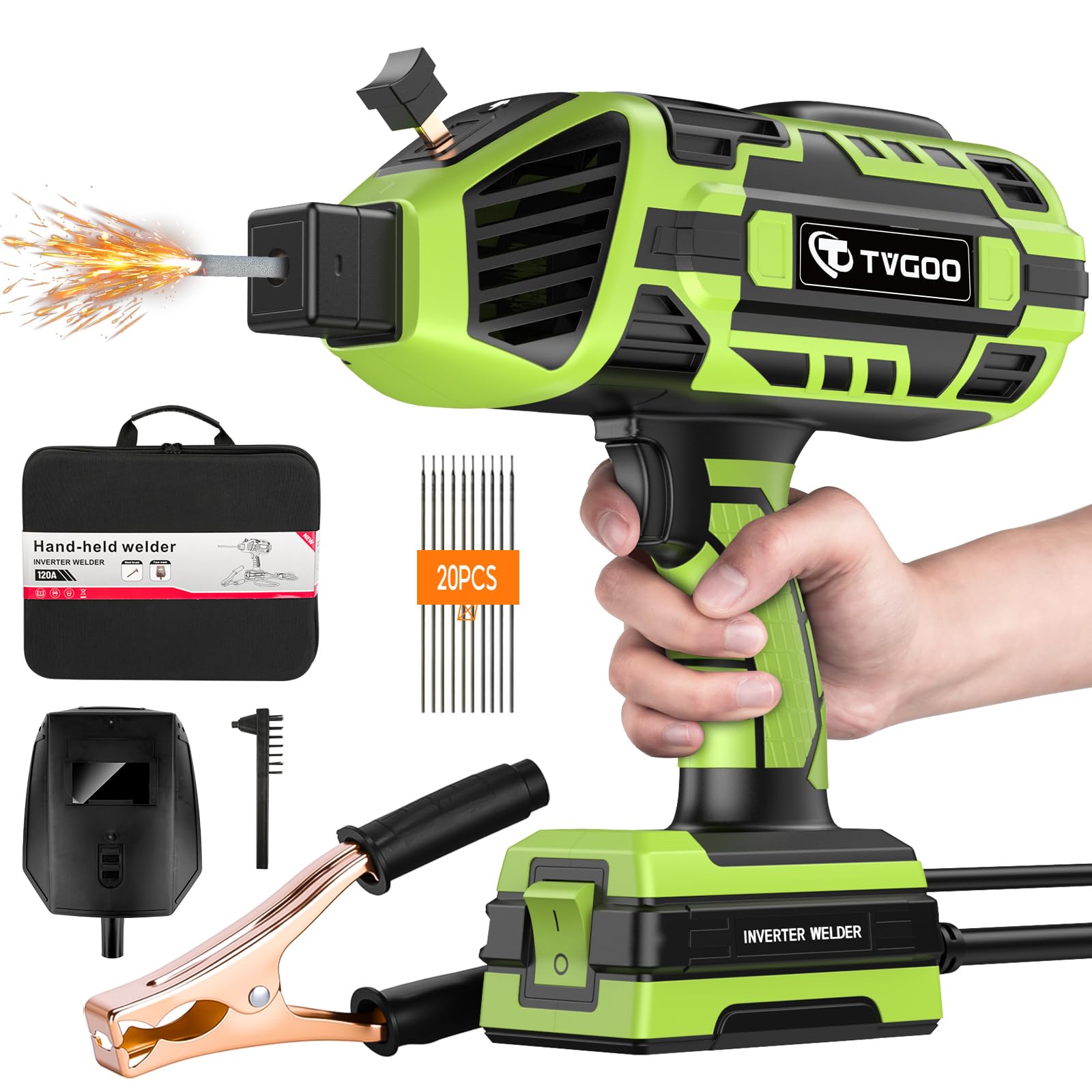 Portable Handheld Welding Machine - 110V IGBT Inverter Handheld Welder, 20-120A Portable ARC Welder with 5 Variable Current Adjustments,Hot Start &amp; Anti-Stick for 3/32"-1/8" Welding Rods(Green)