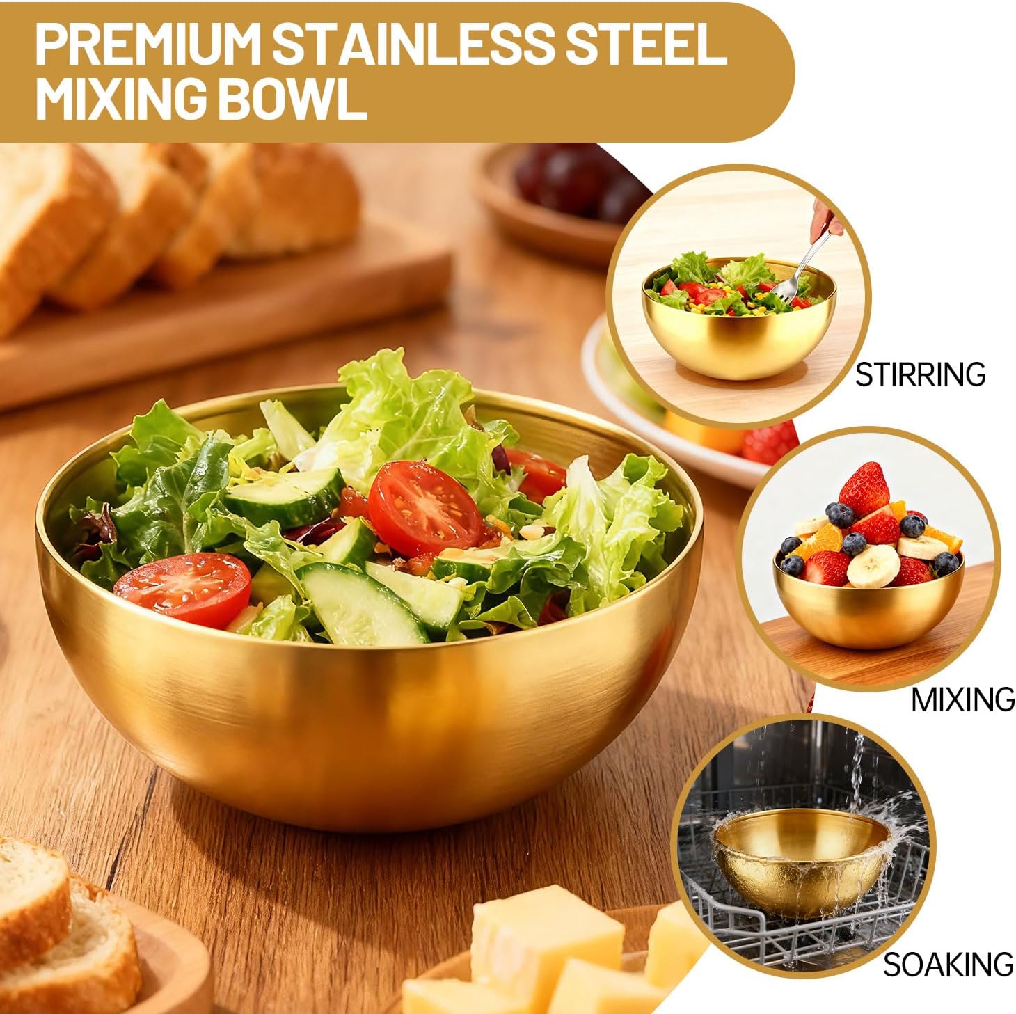 6Pcs Stainless Steel Gold Bowls, 5.9 Inches Gold Mixing Bowls, Esthetician Bowls for Facial Cereal Rice Noddle Fruit Cooking Baking Serving