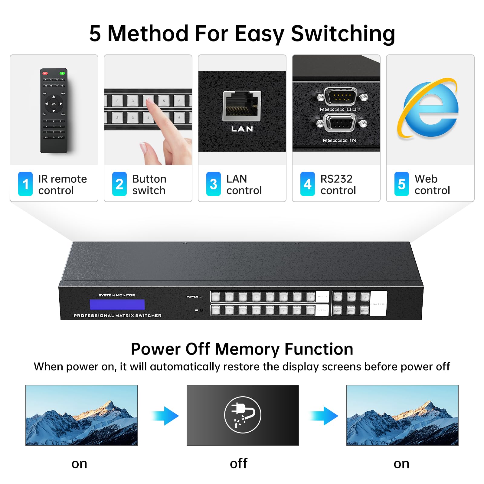 Switch a matrice HDMI 4K, 8 x 8, con controllo Web e estrattore audio da 3,5 mm, 4 K a 30 Hz, montaggio su rack, HDMI Matrix Switcher 8 in 8 Out, supporta HDCP EDID RS232 IR Remote