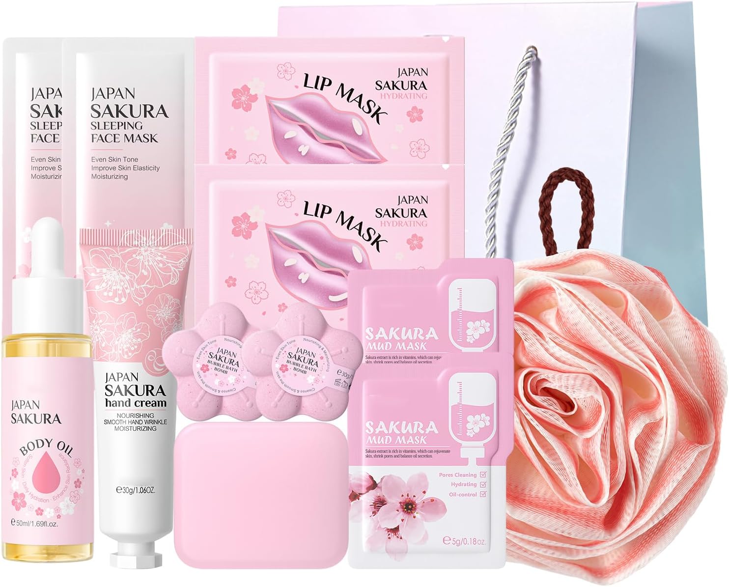 Sakura Skincare Set For Teenage Girls Gifts – High Moisturize Sakura Skincare Gift for Women – Including Body oil,Soap,Overnight Mask,Hand Cream,Mud Mask,Lip Mask,Mud Mask,Bath Bombs – Gift For Women