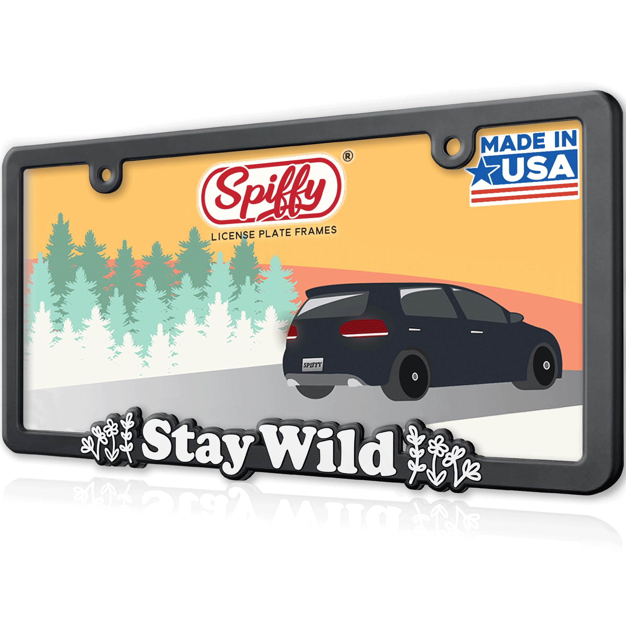 Spiffy Stay Wild License Plate Frame | Floral Western Car Accessories for Women | Country Girl License Plate Holder | Boho Hippie Aesthetic Retro License Plate Bracket | Made in The USA | Wild Flower
