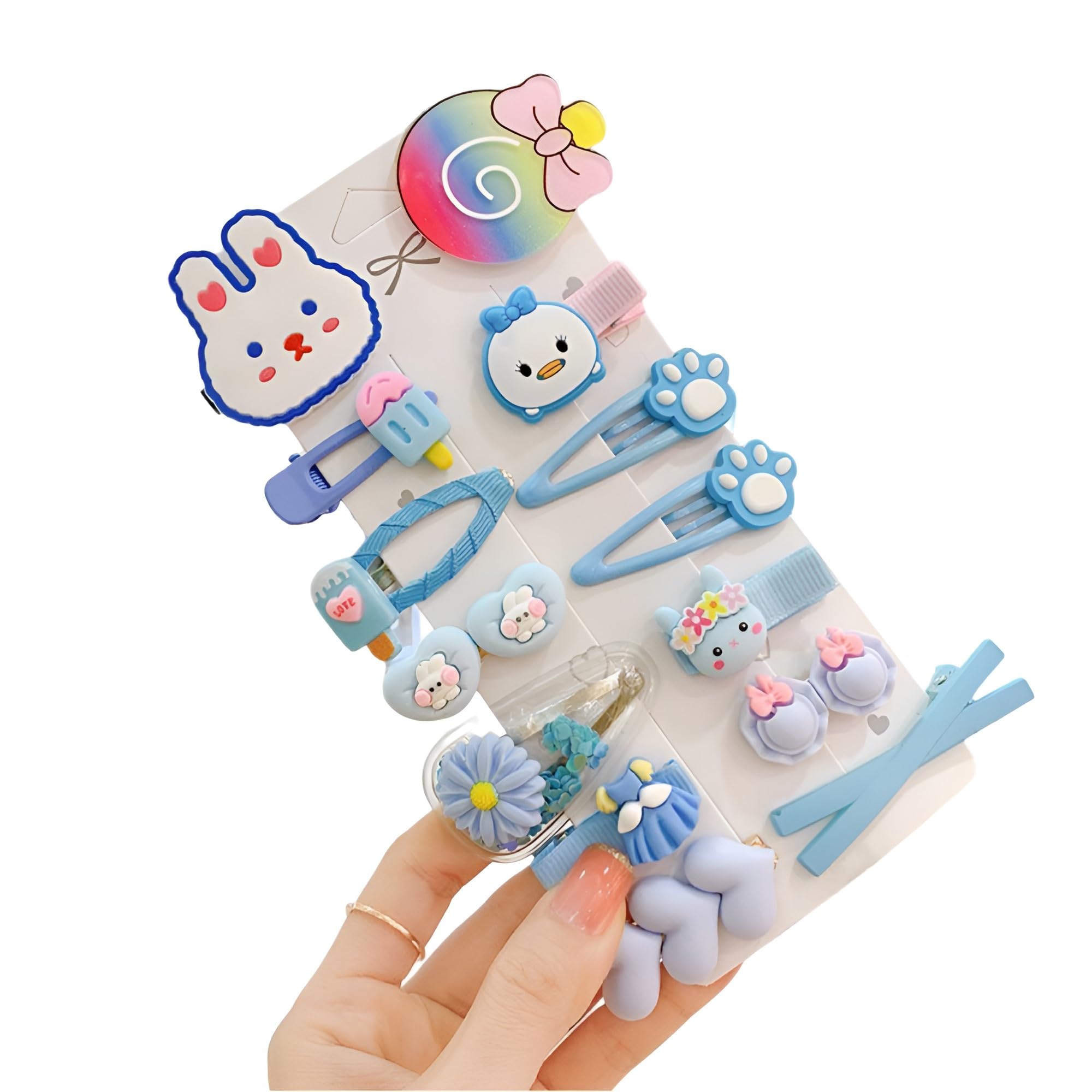 SYGA 14-Piece Baby Hair Clip Set for Girls Cute Cartoon & Floral Patterns Hair Pin Bunny, Cat, Flower, Heart, Ice cream - Blue-image-48