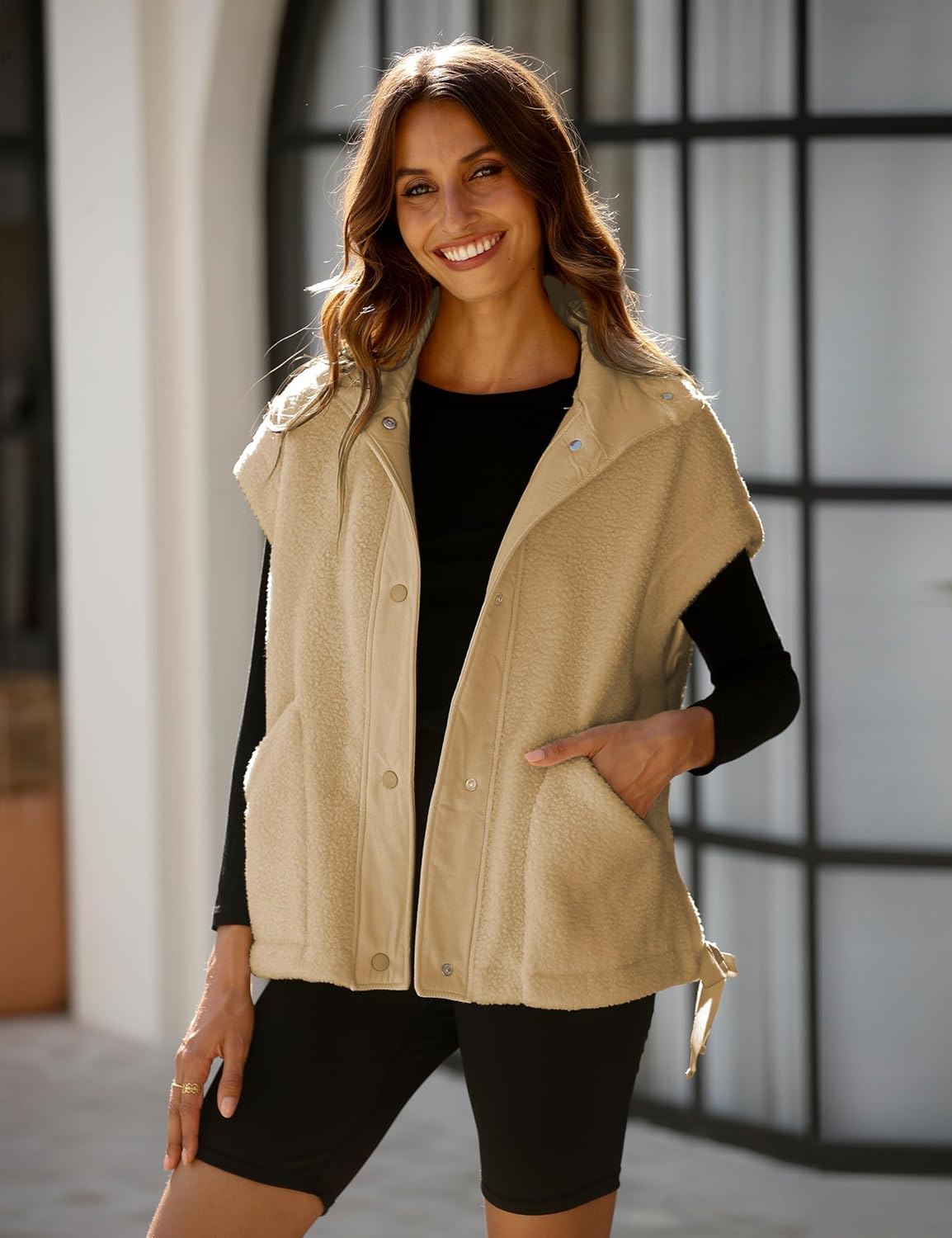 Fleece Vest for Women Sleeveless Button Up Fuzzy Sherpa Jacket Casual Warm Waistcoat Vest with Pockets - Image 6