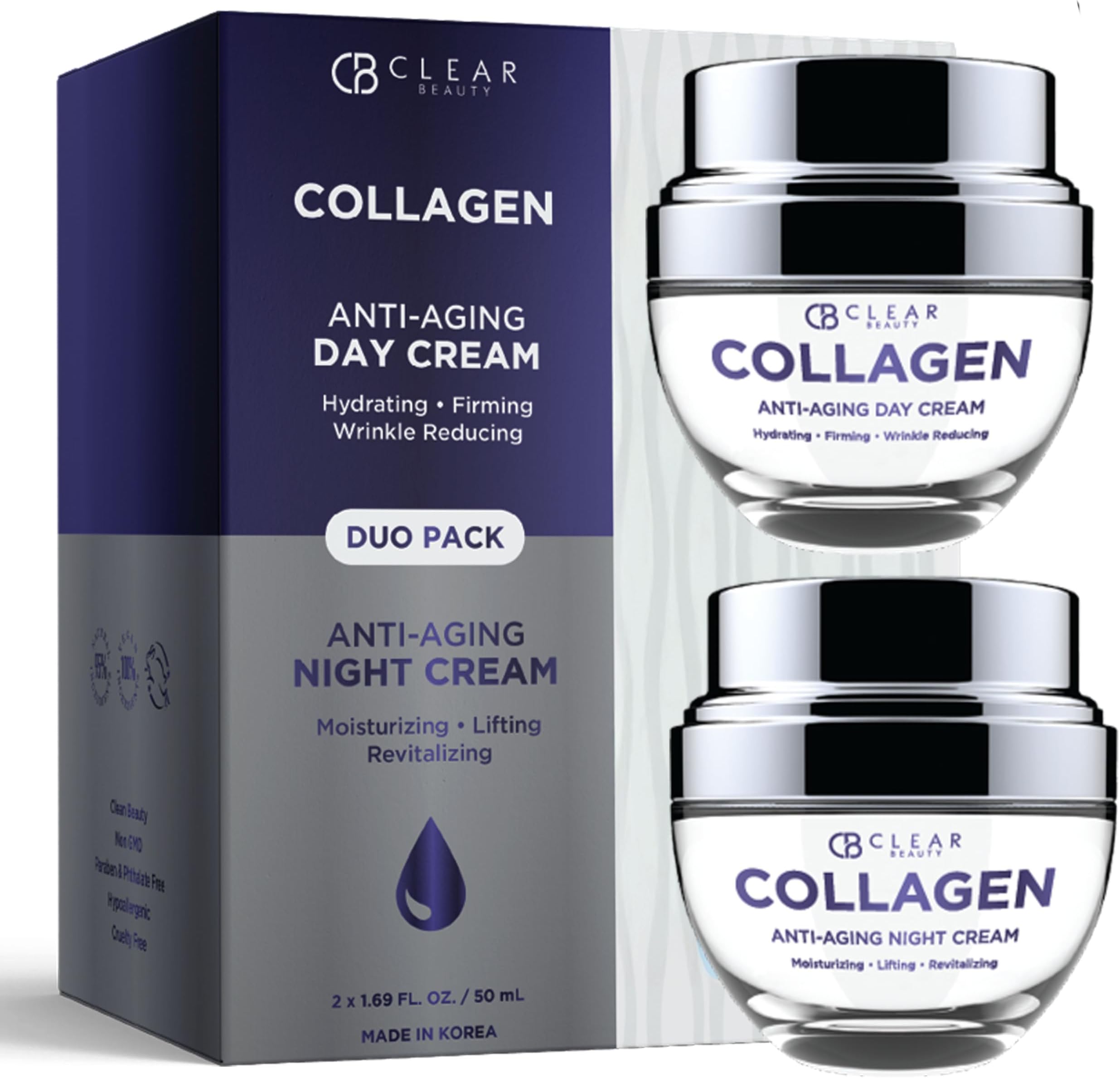 Collagen Day & Night Face Moisturizer - Dermatologist Tested, Anti Aging Korean Skin Care - Plumping Hydration, Elasticity Support, Silky Finish - Vegan, Clean Beauty - Duo Pack