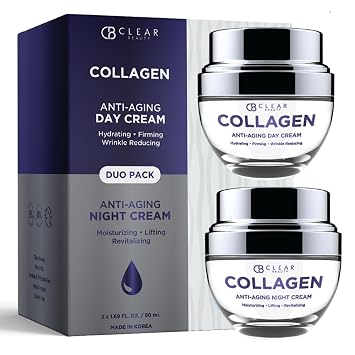 Clear Beauty Collagen Day & Night Face Moisturizer - Dermatologist Tested, Anti Aging Korean Skin Care - Plumping Hydration, Elasticity Support, Silky Finish - Vegan, Clean Beauty - Duo Pack