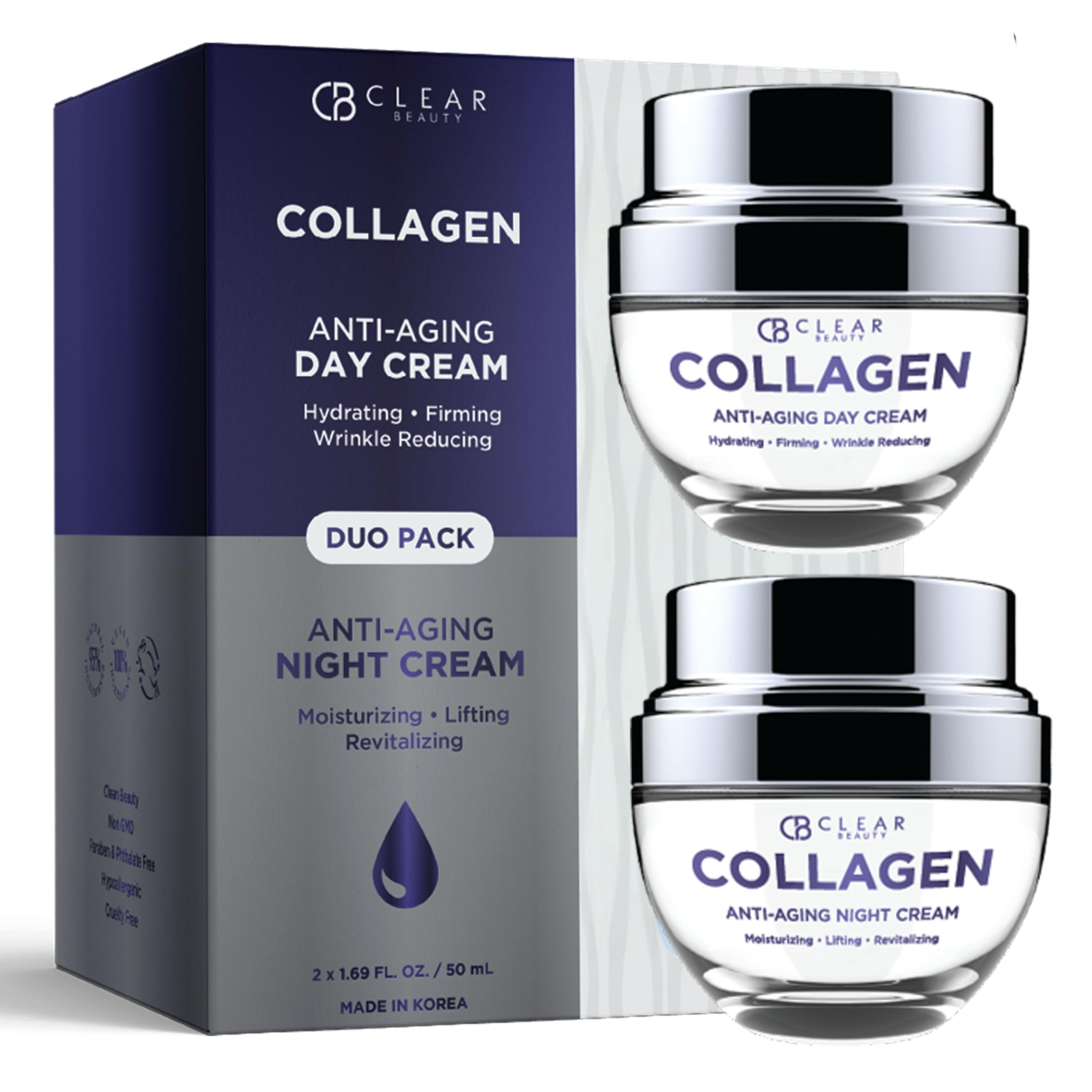 Clear Beauty Collagen Day & Night Face Moisturizer - Dermatologist Tested, Anti Aging Korean Skin Care - Plumping Hydration, Elasticity Support, Silky Finish - Vegan, Clean Beauty - Duo Pack