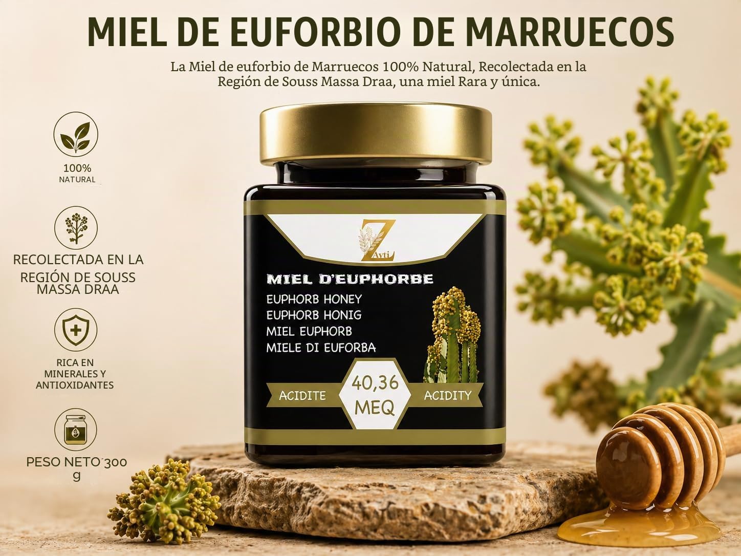 La miel de euforbia de Marruecos 100% natural, cosechada en la región de Souss Massa Draa, una miel rara y única olla de 300g