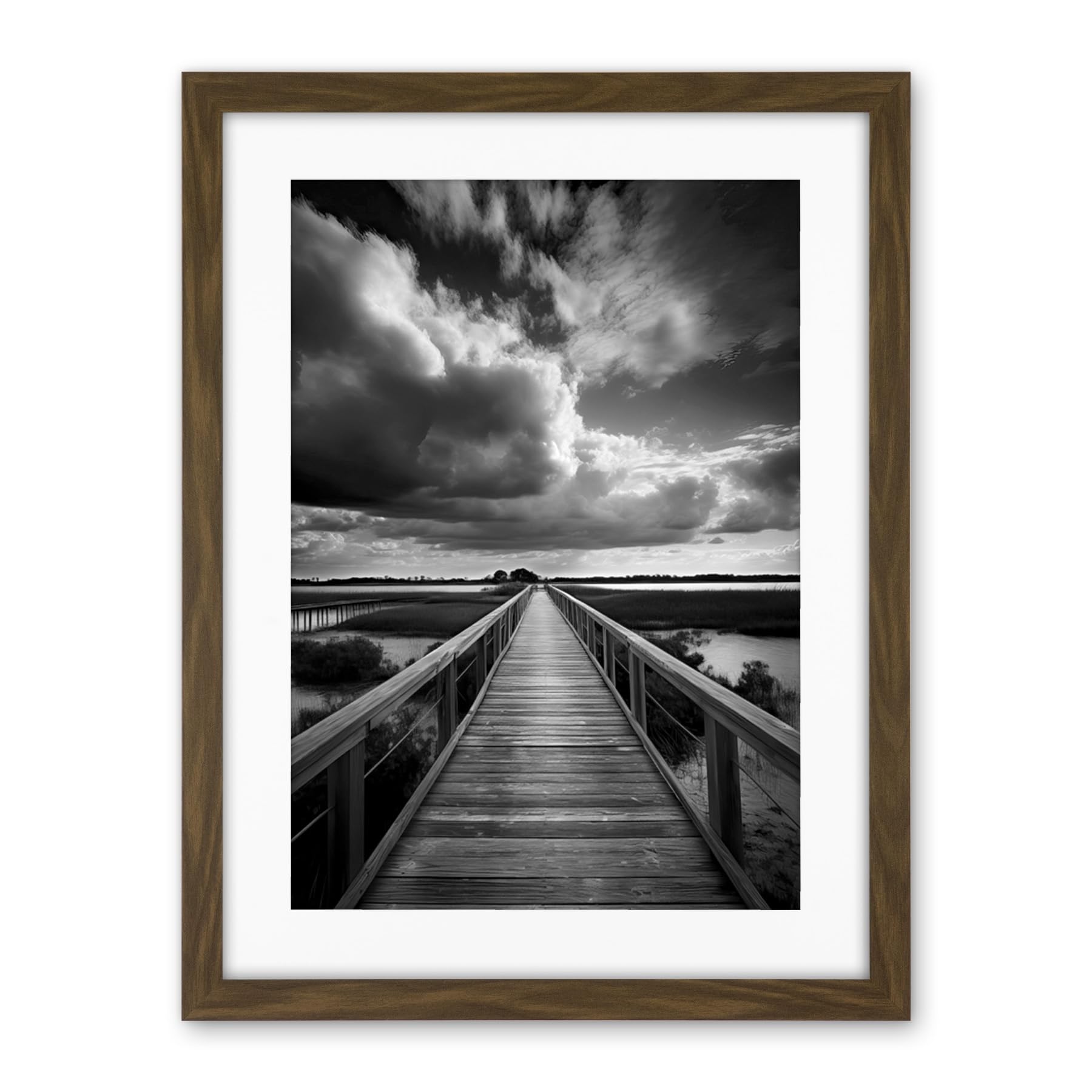 Artery8 Wooden Bridge River Landscape Black and White Artwork Framed Wall Art Print 18X24 Inch