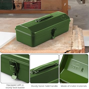 Large Metal Tool Storage Box with Handle for Home, Garage & Workshop, 37×16×12cm Portable Tool Case with Lid Locking Professional Storage Cabinet for Wrenches, Screwdrivers, Small Parts(Green)