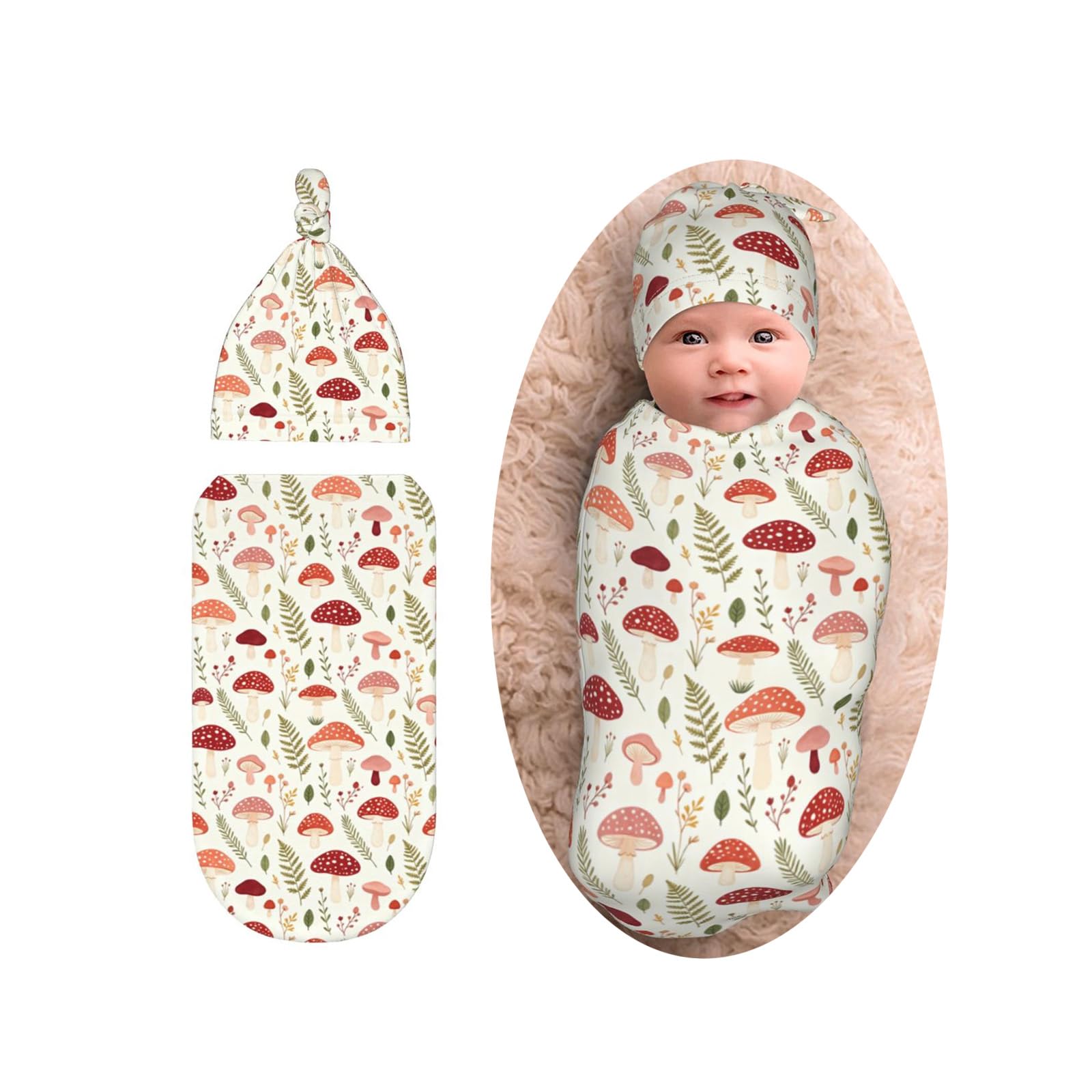 Cute Mushroom Swaddle Blanket with Beanie Set, Soft and Stretchy Swaddlling Blanket for Boy and Girl