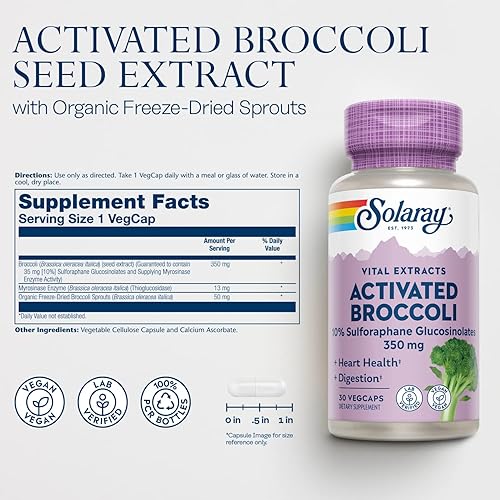 Miniatura 3 de SOLARAY Extracto de semilla de brócoli activado 350 mg, glucosinolatos de sulforafano al 10% para apoyo antioxidante, salud cardíaca y apoyo