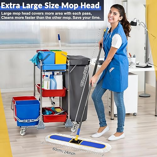 Miniatura 2 de CLDREAM Trapeador de polvo comercial de 24 pulgadas para limpieza de suelos con 2 cabezales de trapeador, escoba industrial grande con mango de 60