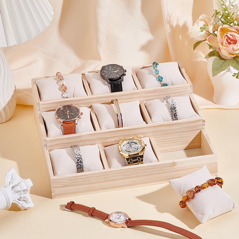 NBEADS Vassoio Portaoggetti per Orologi e Braccialetti A 3 livello e 9 griglie, Vassoio Porta Orologi con Cuscini Rimovibili Espositore Espositore per Orologi Da Cassetto Beige, 24x26.5x7.9cm