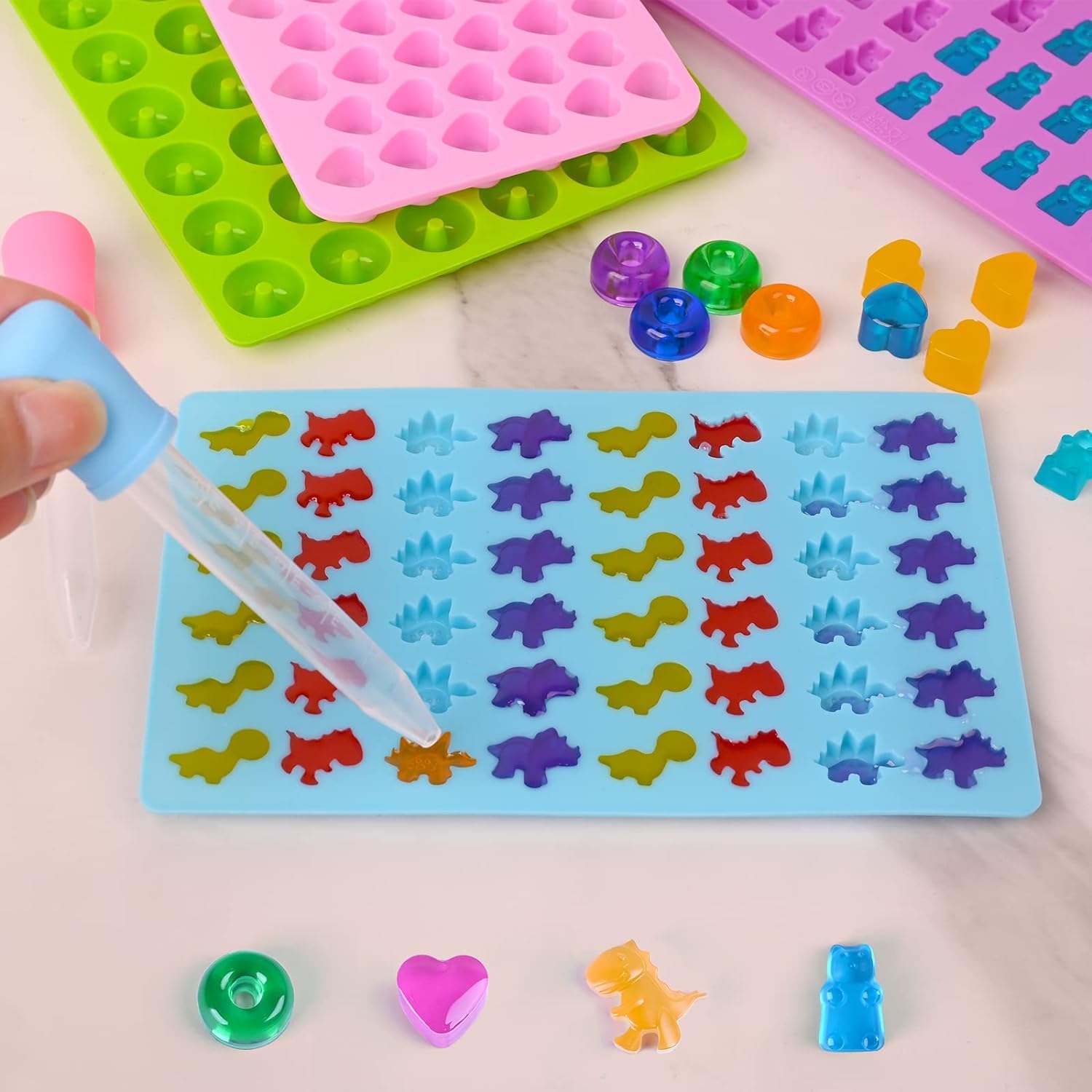 4 Moules à Bonbons Silicone Dinosaure & Oursons Avec Compte-Gouttes - Kit Créatif