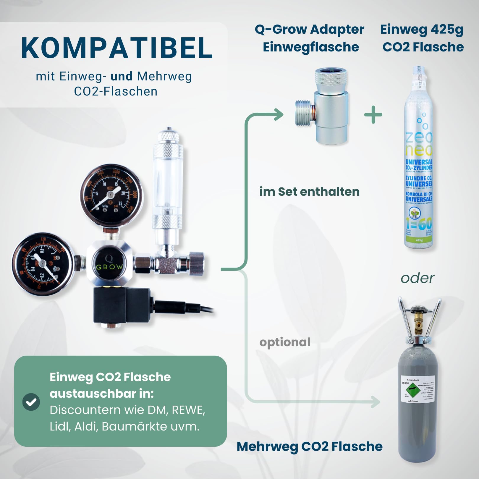 Q-Grow CO2 System Aquarium kompletny zestaw – prosty i uniwersalny – zawiera dyfuzor ze stali nierdzewnej, test ciągły, regulator ciśnienia, butelka CO2 425 g, do 500 l