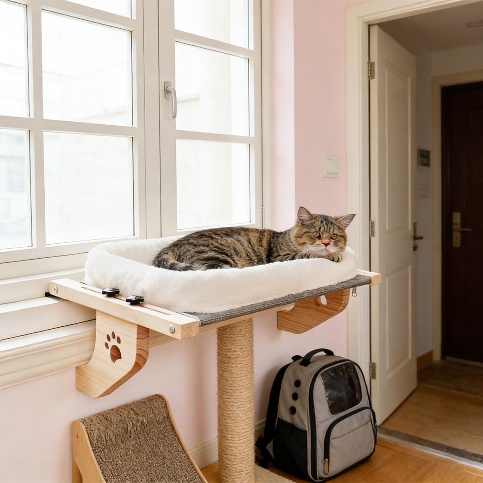 Amaca in peluche calda da appendere alla finestra del letto con copertura rimovibile in tessuto lavabile in legno e struttura in metallo salvaspazio per gatti